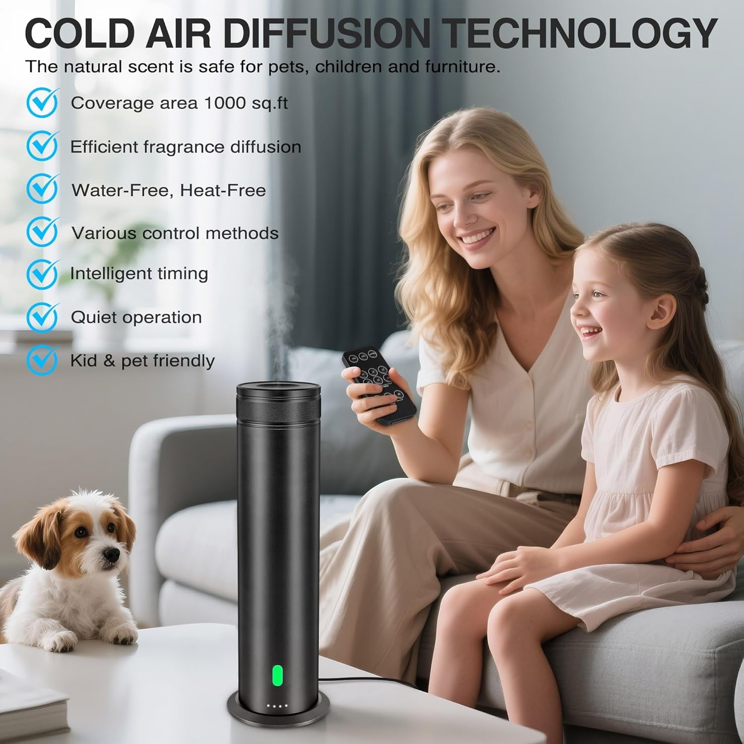 Waterless Scent Diffuser Starter Kit - Suitable for Home and Hotel Series Air Diffuser, 800 Square Inches of Coverage, 7 Kinds of Scented Essential Oils, Remote Control, Atomizer Core Black