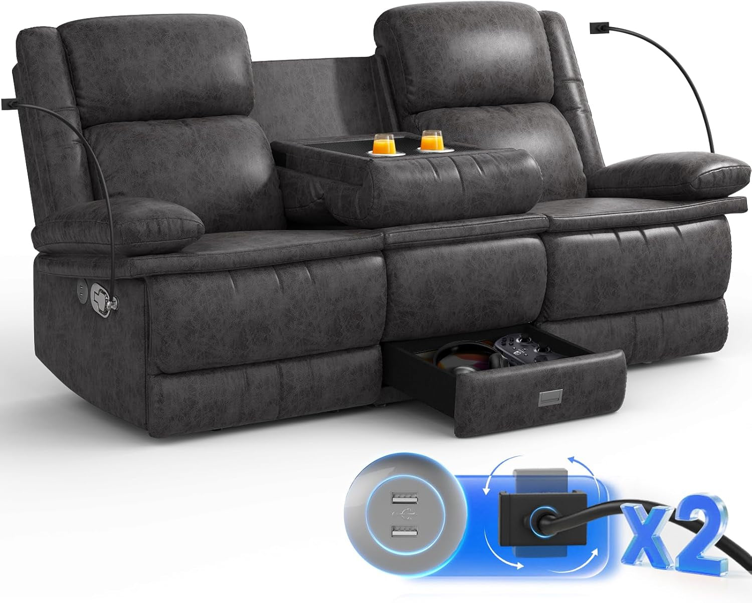 3 Seater Recliner Sofa, FSC Certified Manual Reclining Couch with Flip-Up Middle Backrest & Drawers, Modern Recliner Sofa with USB Ports & Cup Holders for RV, Living Room