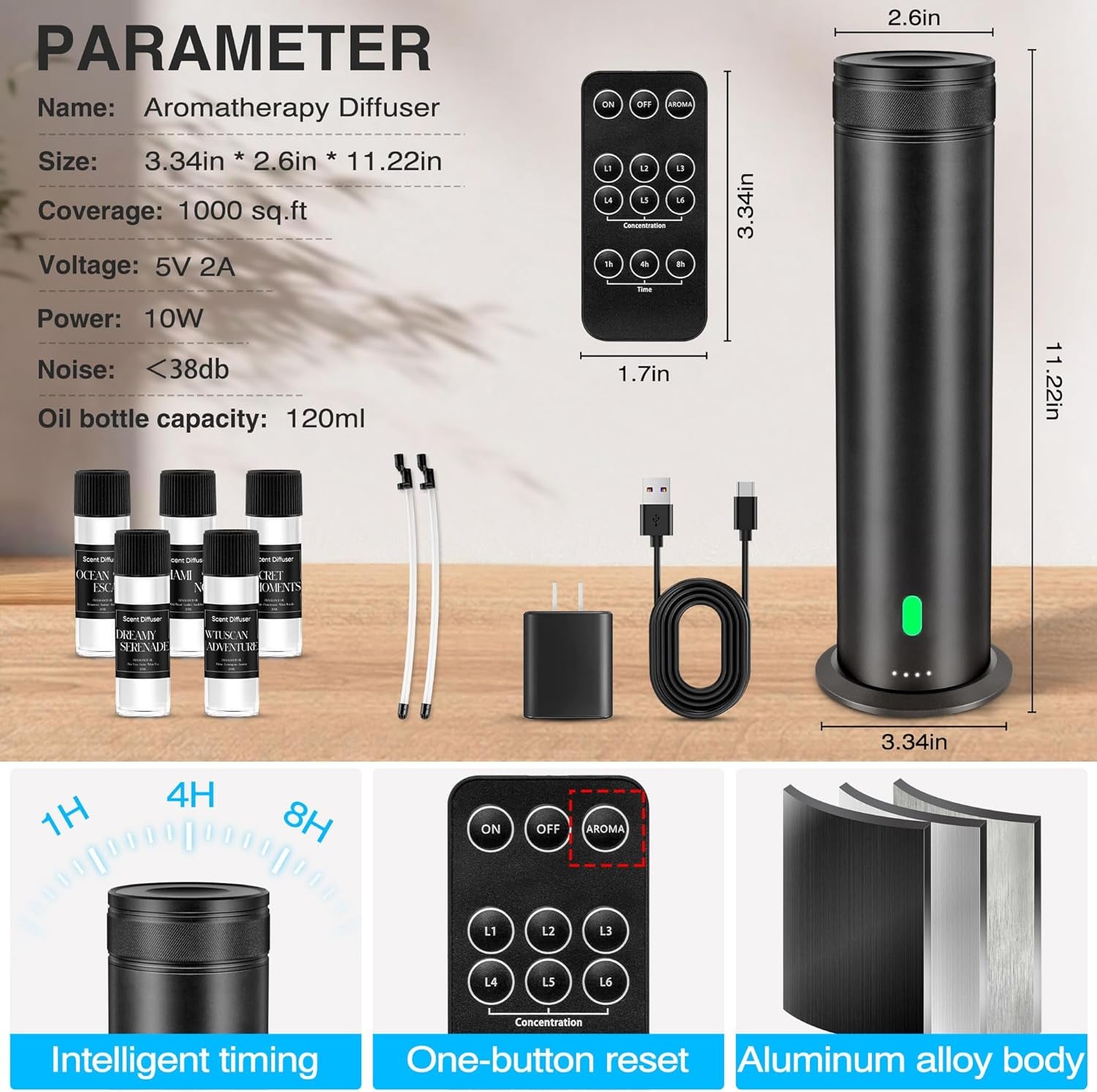 Waterless Scent Diffuser Starter Kit - Suitable for Home and Hotel Series Air Diffuser, 800 Square Inches of Coverage, 7 Kinds of Scented Essential Oils, Remote Control, Atomizer Core Black