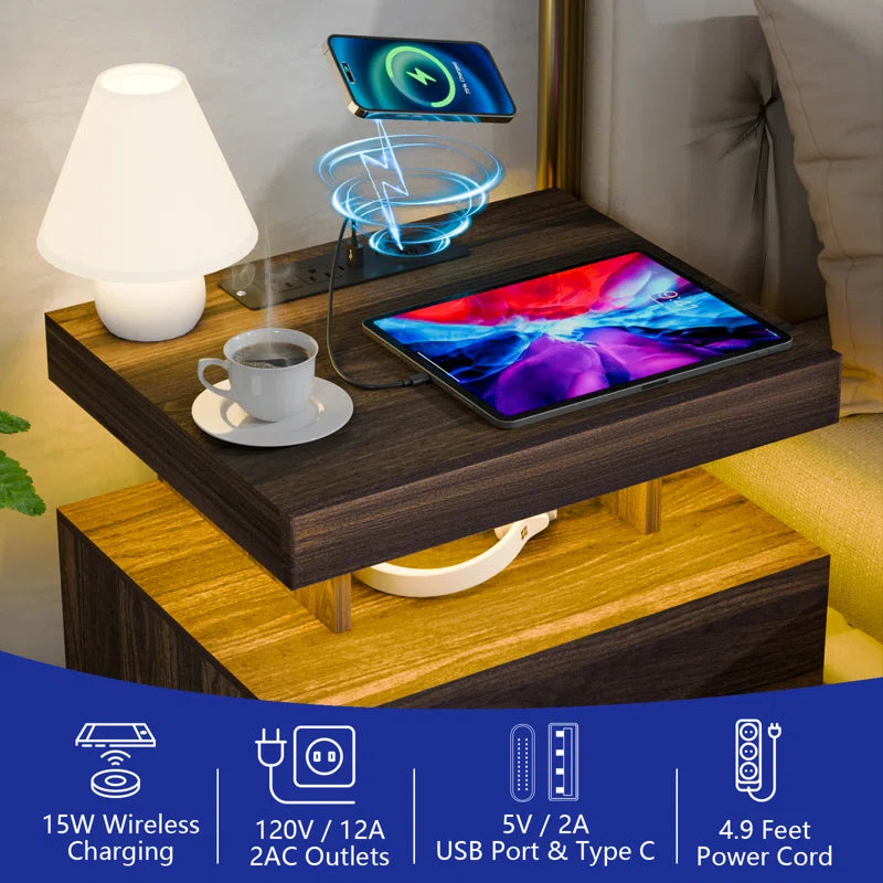 Modern Smart Nightstand with Wireless Charging, LED Lighting & Dual Storage Drawers – Perfect for Tech-Savvy Home Decor Enthusiasts