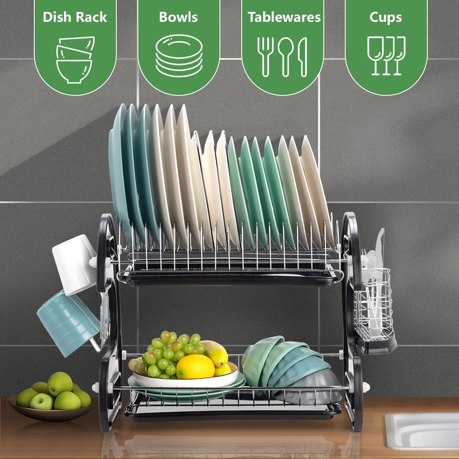 Ktaxon 2-Tier Dish Drainer Drying Rack | Large Capacity Stainless Steel Kitchen Storage with Utensil Holder & Cutting Board Organizer