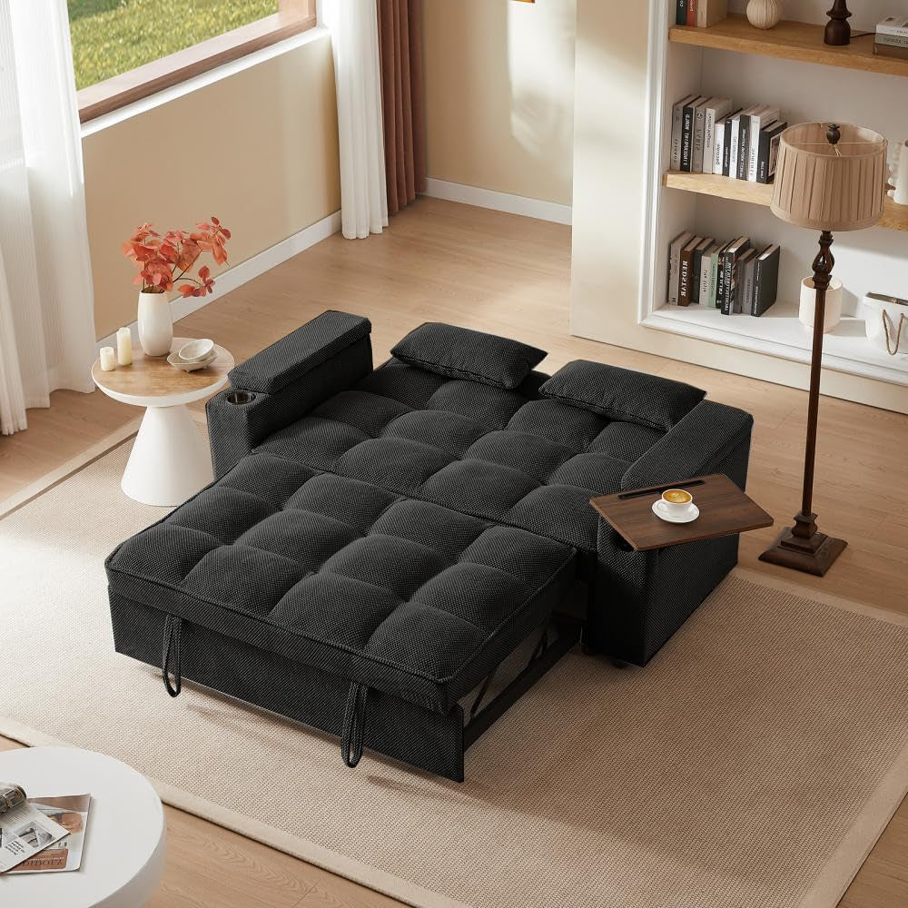 66" 3-In-1 Folding Convertible Sofa Bed, Queen Size Pullout Sofa, Modern Chenille Fabric, 360° Swivel Side Table, Easy Assembly, Perfect for Living Room (Zy-1107S-Black)