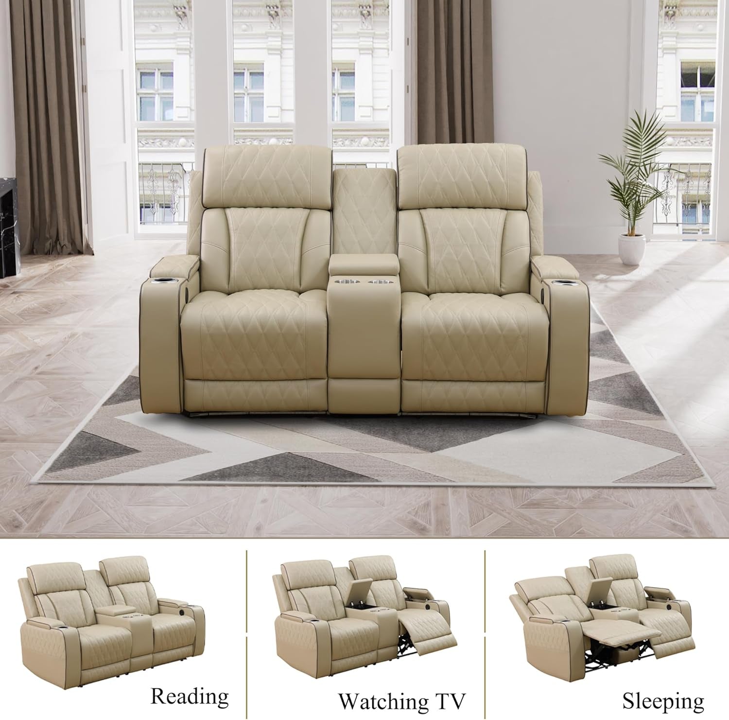 Power Recliner Sofa Set with LED, Breathing Leather Living Room Sofa Set, Power Reclining Sofa Recliner Couch with Cup Holder/Usb Ports (Sofa+Loveseat+Chair, Khaki)