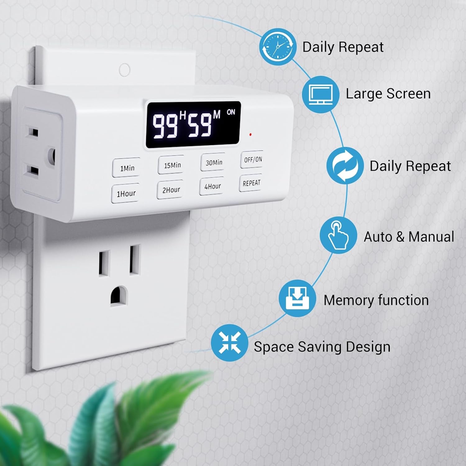 Countdown Timer Outlet, up to 99 Hours, Large Screen and Repeat Function, Inodoor Auto Shut off Timers for Charger Light Vacation Security,Digital Timers for Electrical Outlets 2 Pack
