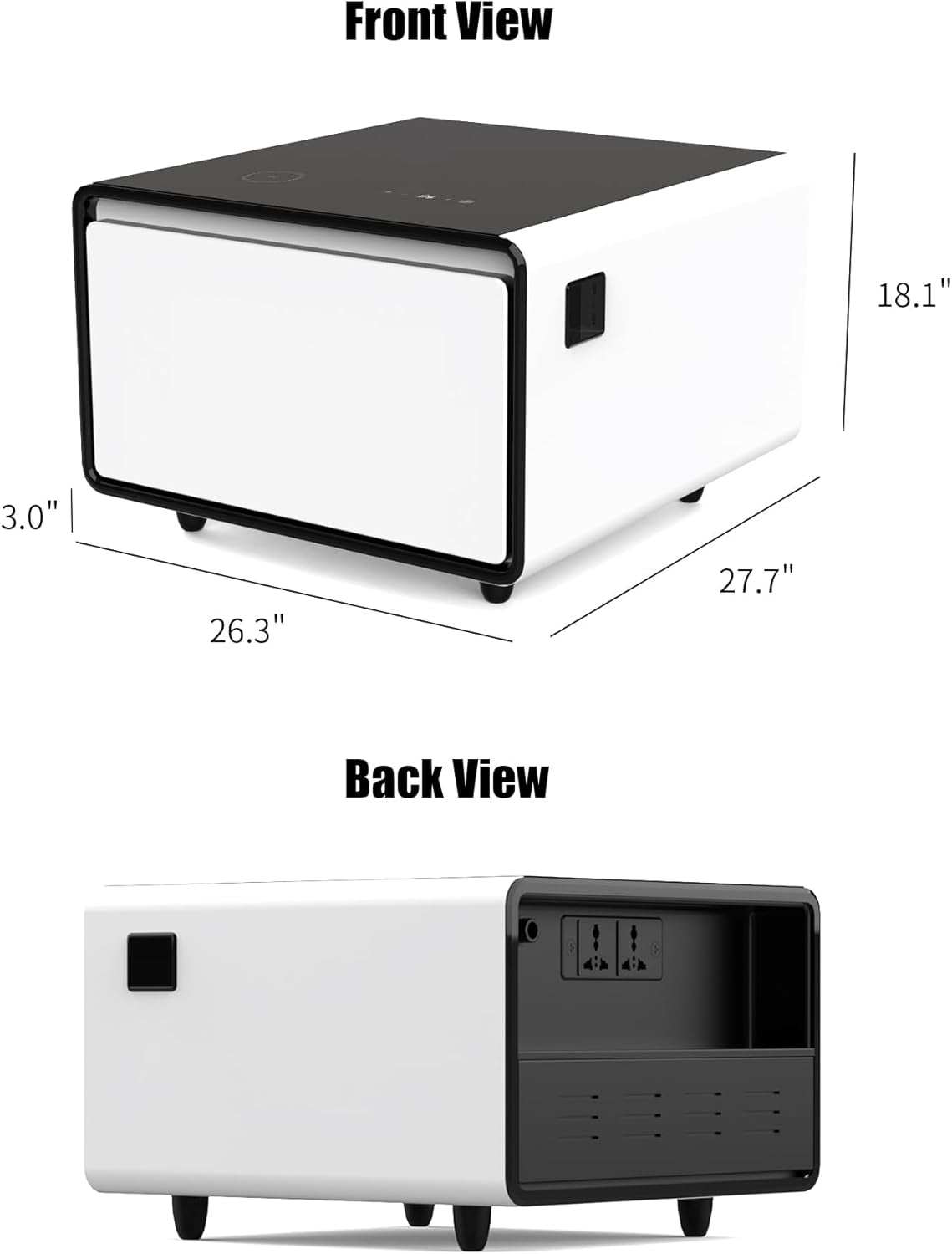 Smart Side Table, Nightstand with Built in Fridge, 27.8" D X 26.5" W X 18.1" H, Mini Coffee Table with 15W Wireless Charging, Modern End Table with USB Chargers and Outlets (White)