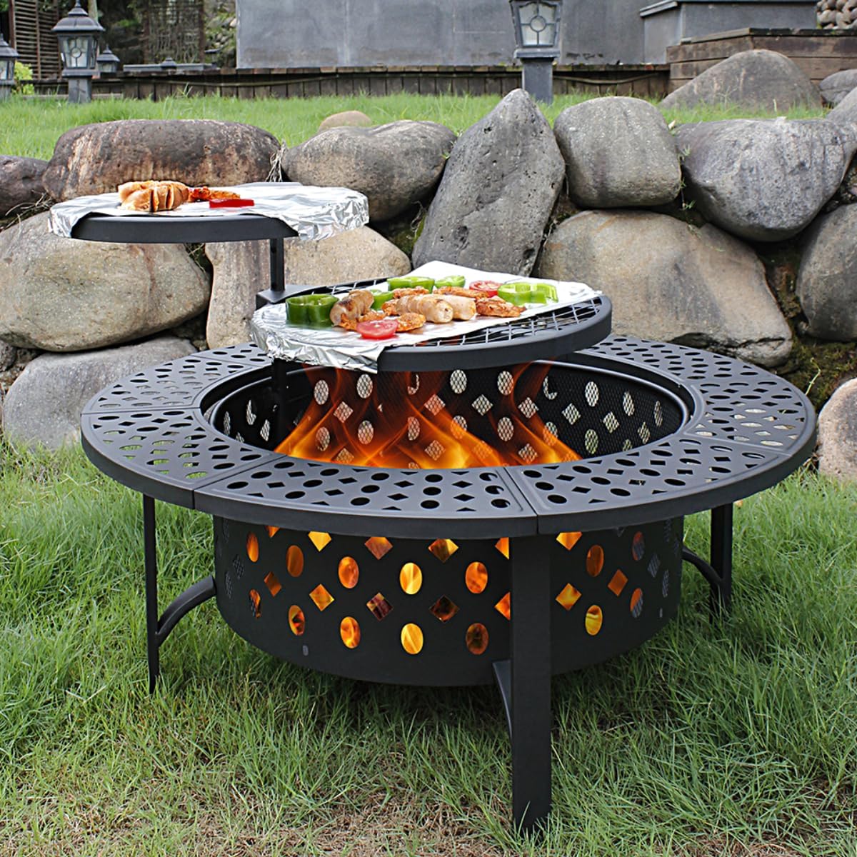 36 Inch Fire Pit with 2 Grills, Wood Burning Fire Pits for outside with Lid, Poker and round Waterproof Cover, BBQ& Outdoor Firepit & round Metal Table 3 in 1 for Patio, Picnic, Party