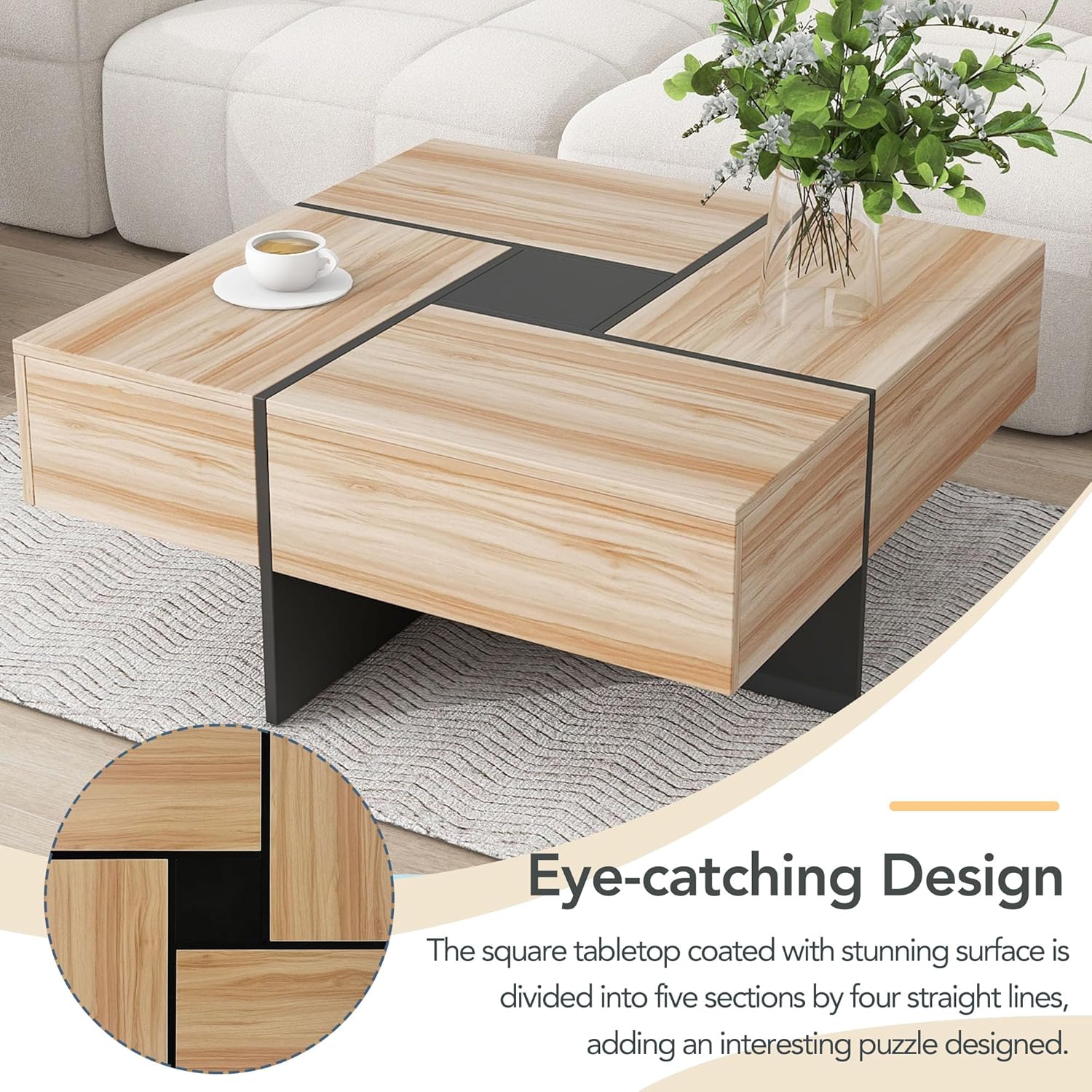 Modern High-Gloss Coffee Table with 4 Hidden Storage Compartments | Sleek Living Room Centerpiece with Functional Storage Solutions