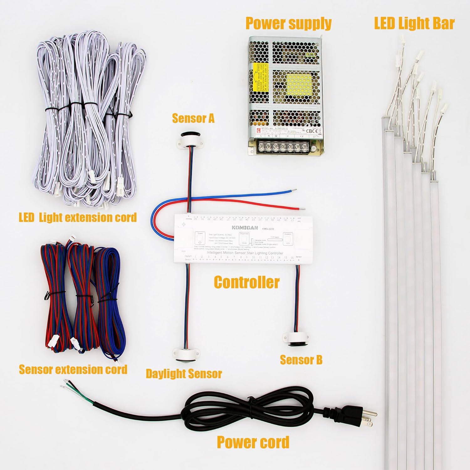 Intelligent Motion Sensor LED Stair Lighting Kit KMG-3233 | Cascading Warm White 3000K, 10 Stairs | 23.6 Inch Aluminum Light Bars for Elegant, Automated Illumination