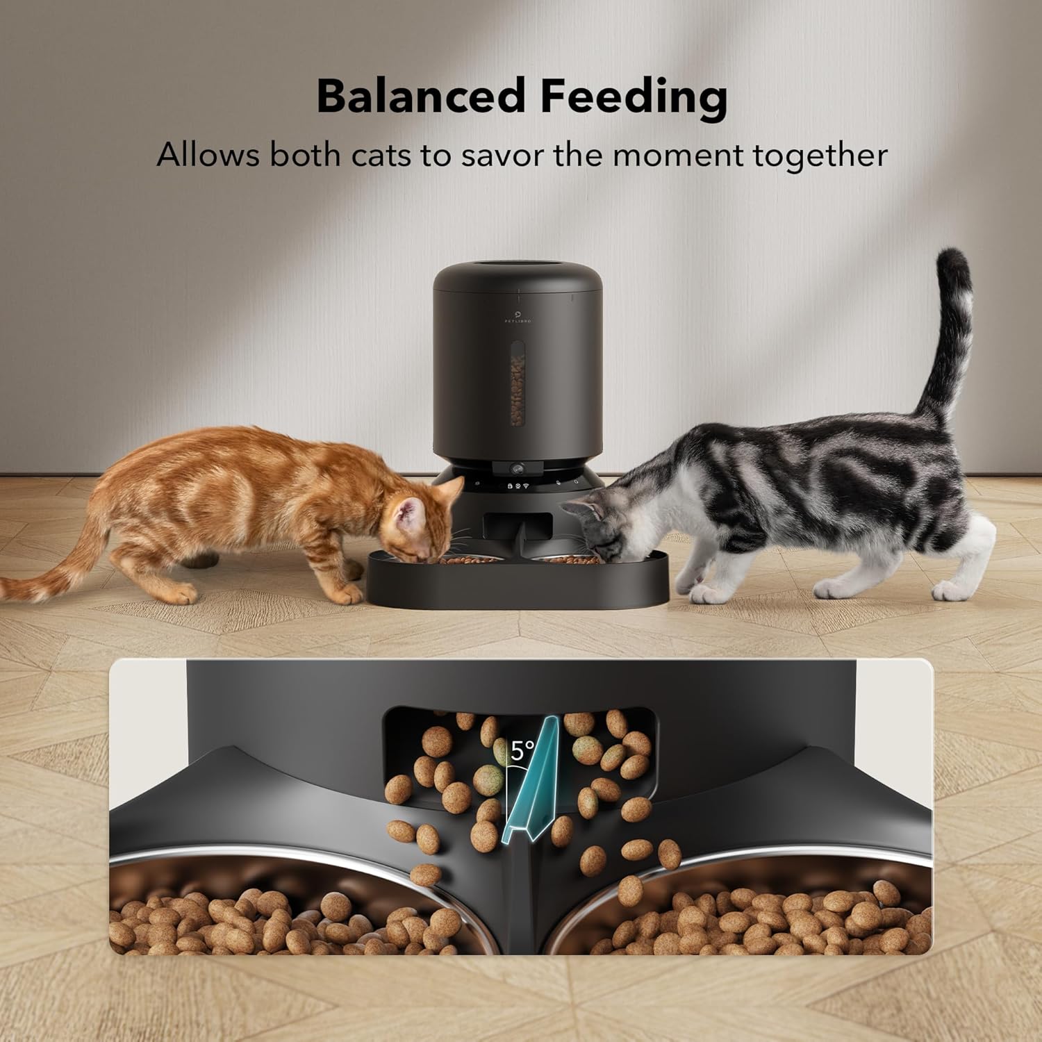 Automatic Cat Feeder with Camera for Two Cats, 1080P HD Video with Night Vision, 5G Wifi Pet Feeder with 2-Way Audio for Cat & Dog, Low Food & Motion & Sound Alerts, Dual Tray, Black 5L