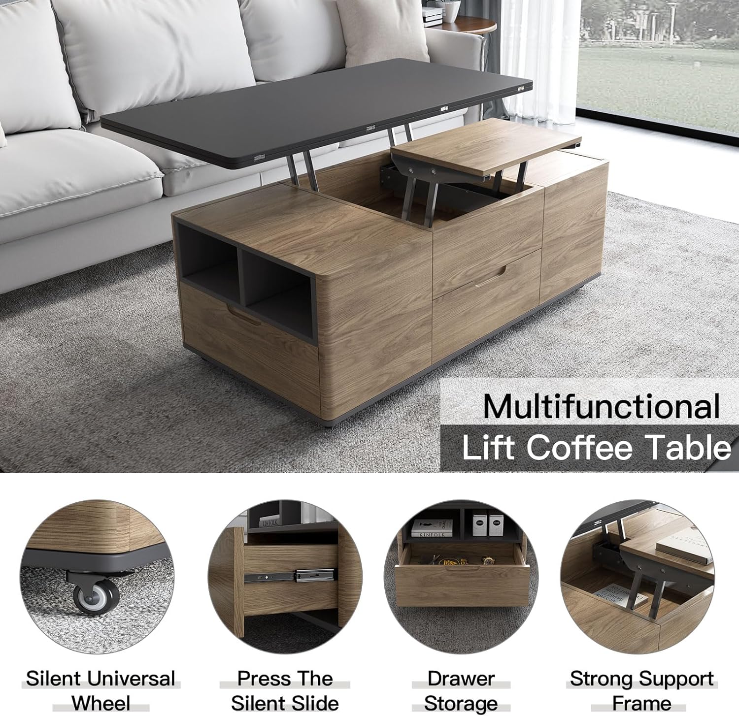 Multifunctional Lift-Top Coffee Table with 4 Stools, 3-In-1 Center Table, Space Saving Folding Dining Table for Living Room, Small Space, Easy Assembly