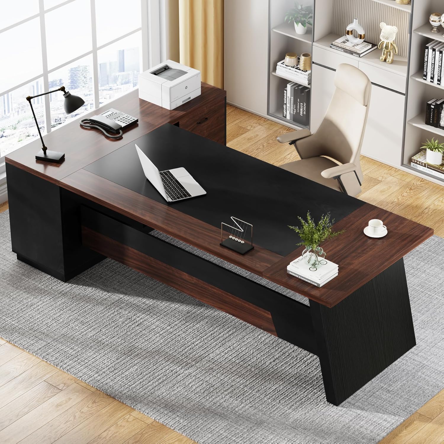 78" L-Shaped Executive Desk, Large Office Desk with Drawers and Lateral File Cabinet, Business Furniture with Storage Shelves, Modern Computer Desk for Home Office, Walnut & Black