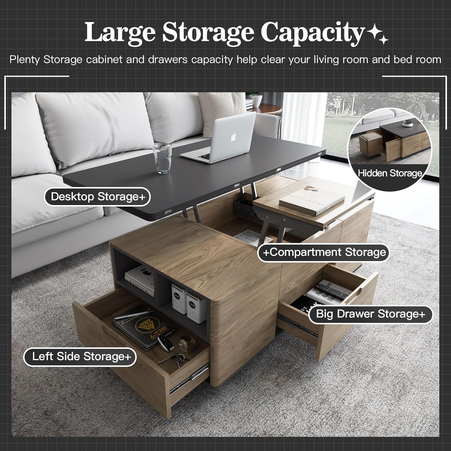 Multifunctional Lift-Top Coffee Table with 4 Stools, 3-In-1 Center Table, Space Saving Folding Dining Table for Living Room, Small Space, Easy Assembly