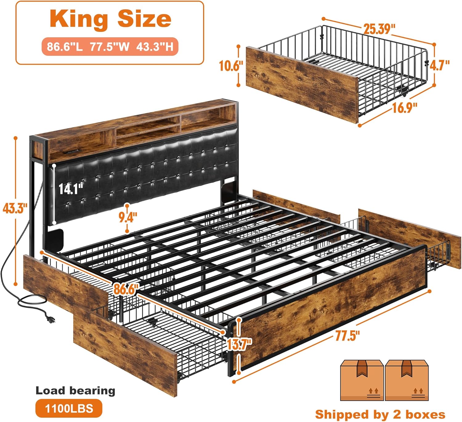 EnHomee Upholstered Storage Bed with Built-in Headboard, USB Charging Ports, and Underbed Drawers – Modern King Bed Frame for Smart Living and Space Optimization