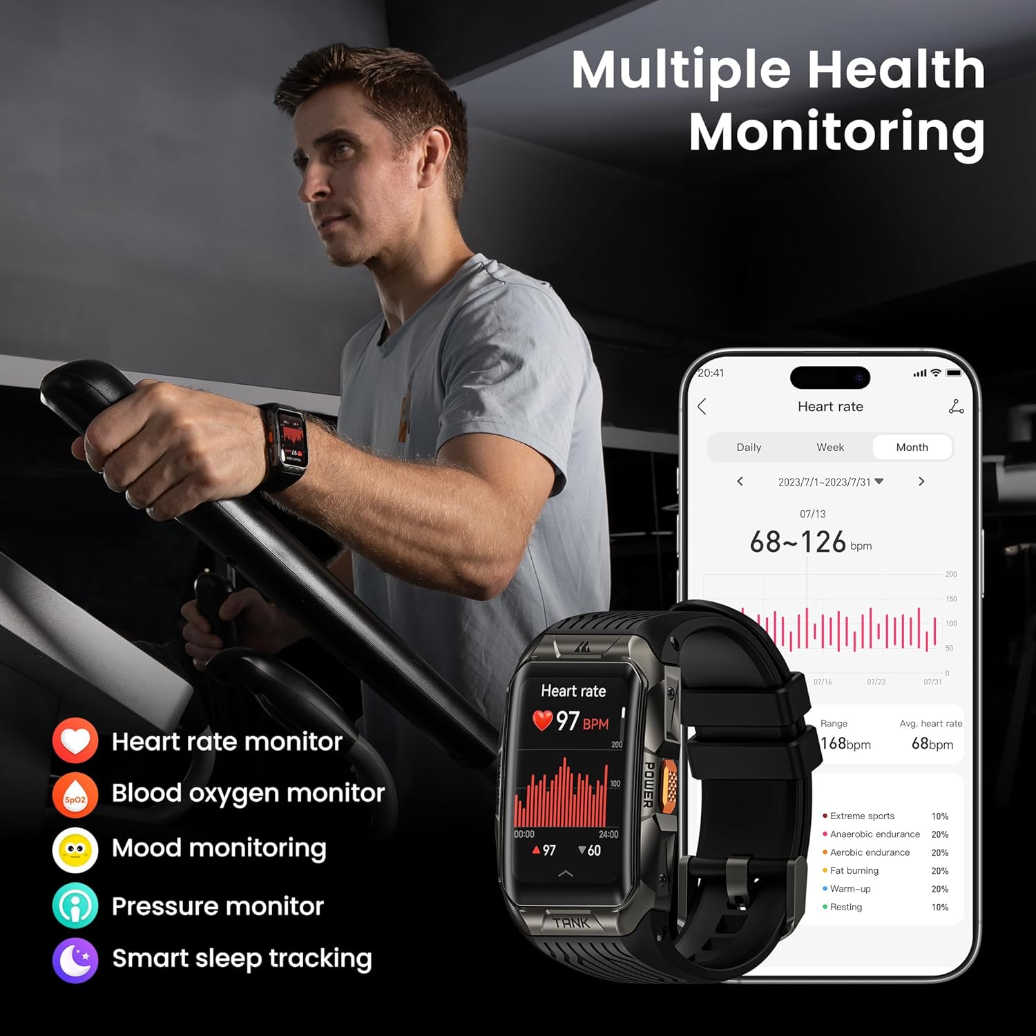 Tank X2 Smart Watch Fitness Tracker, 24/7 Heart Rate, Blood Oxygen Monitor, Sleep Tracker, Blutooth Call, Stainless Steel Unibody, 1.64” AMOLED Always-On Display, AI Voice Asisstant