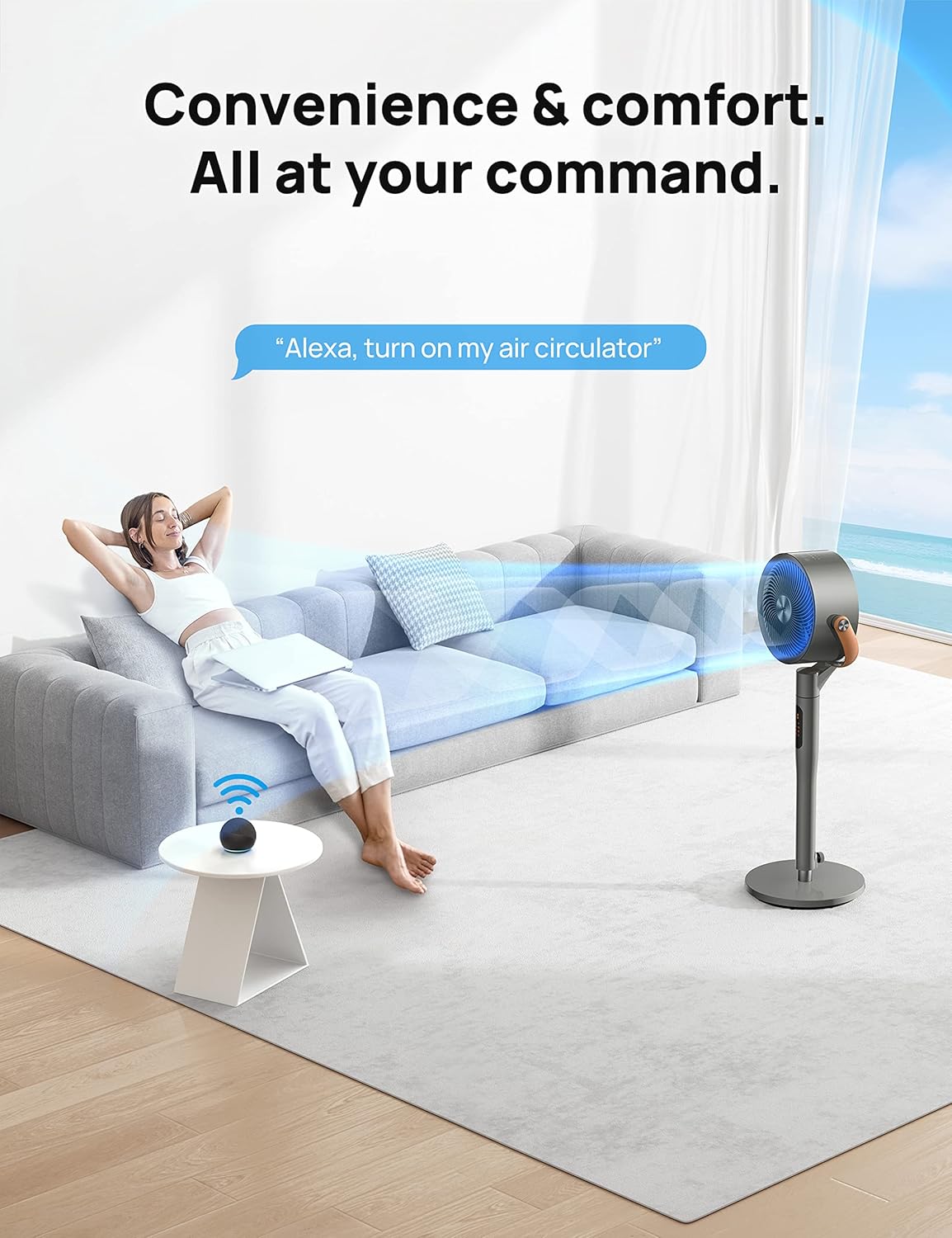 Fan for Bedroom, Standing Fan for Home, 120°+105° Smart Oscillating Pedestal Fans with Wi-Fi/Voice Control, 100Ft Quiet Circulator Fan, DC Motor, 6 Modes, 8 Speeds, 37-43'' Adjustable Height