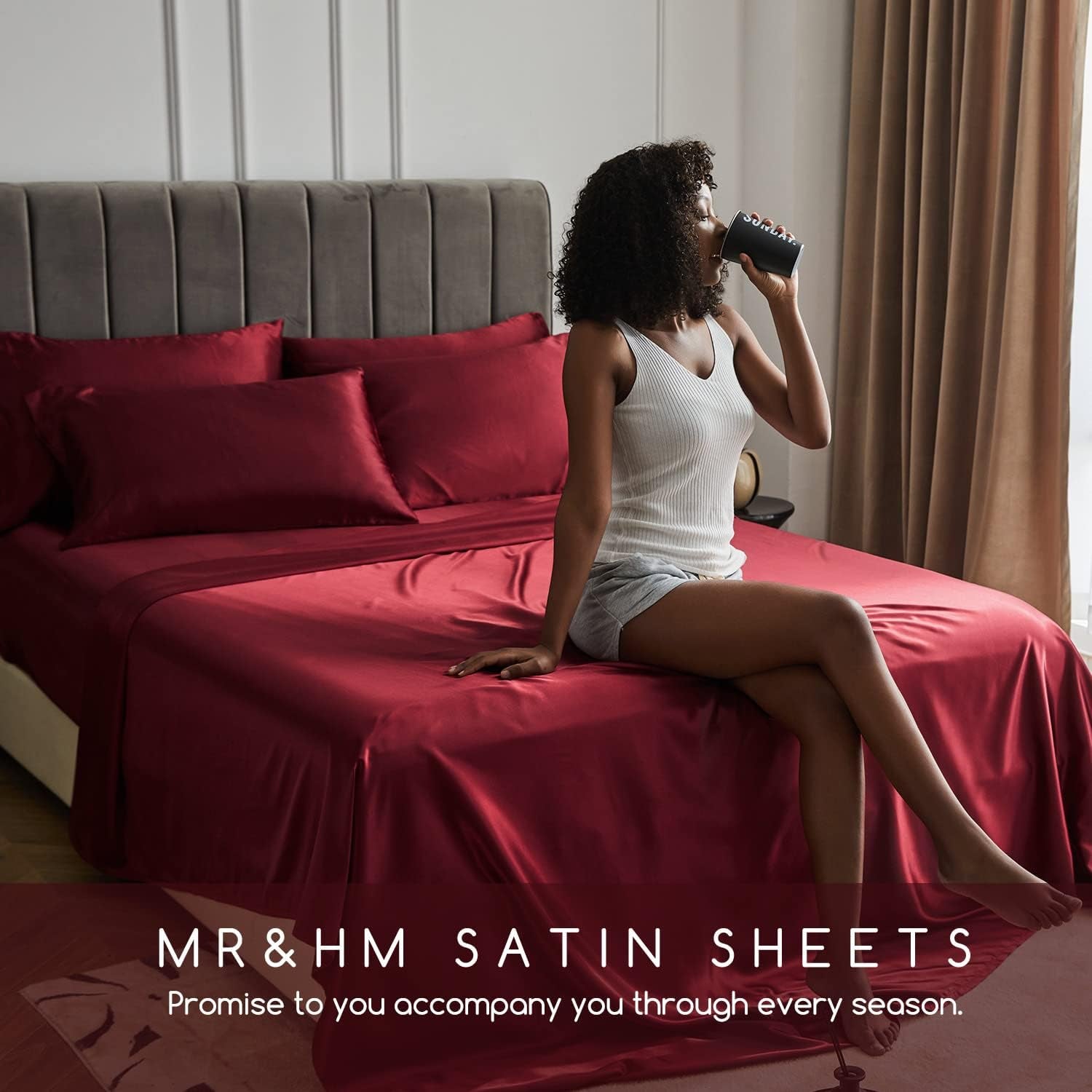 Satin Bed Sheets, Queen Size Sheets Set, 4 Pcs Silky Bedding Set with 15 Inches Deep Pocket for Mattress (Queen, Burgundy)
