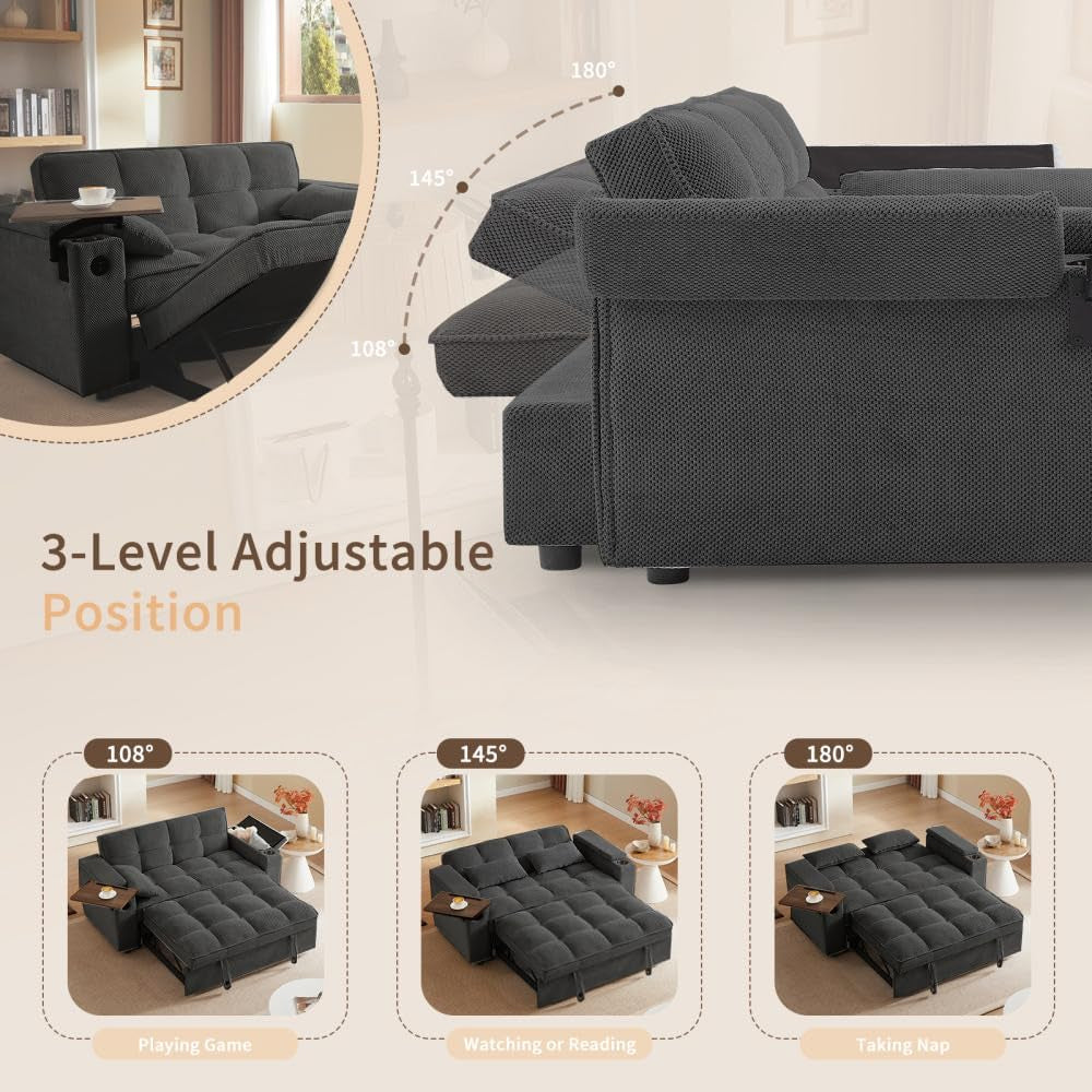 66" 3-In-1 Folding Convertible Sofa Bed, Queen Size Pullout Sofa, Modern Chenille Fabric, 360° Swivel Side Table, Easy Assembly, Perfect for Living Room (Zy-1107S-Black)
