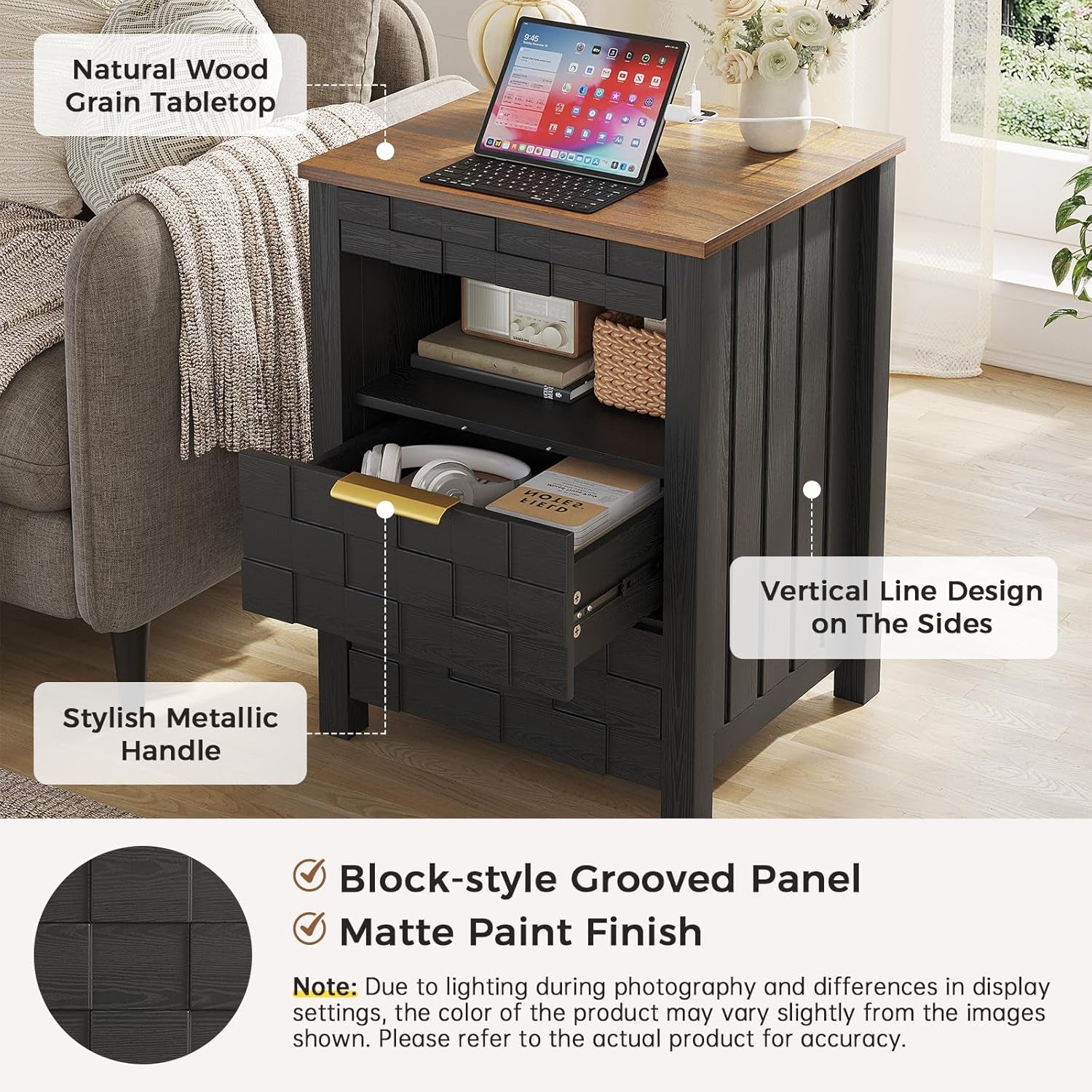 Nightstand with Gun Drawer, Bedside Table with Charging Station and 2 Drawers, Smart Side Table with 3-Color Human Sensor LED Lights for Bedroom, Black