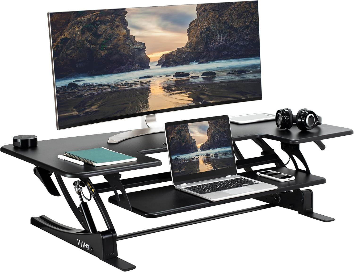 48 Inch Height Adjustable Large Stand up Desk Converter, V Series, Quick Sit to Stand Tabletop Dual Monitor Riser Workstation, Black, DESK-V048V