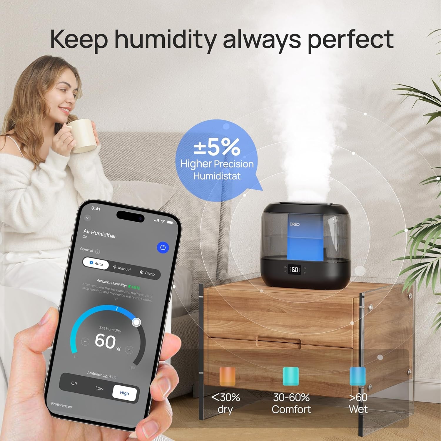 Quiet Ultrasonic Dreo Smart Humidifier – 4L Cool Mist, 32-Hour Runtime, App/Voice Control, Ideal for Bedrooms, Large Rooms, Baby’s Room, Office, and Plants