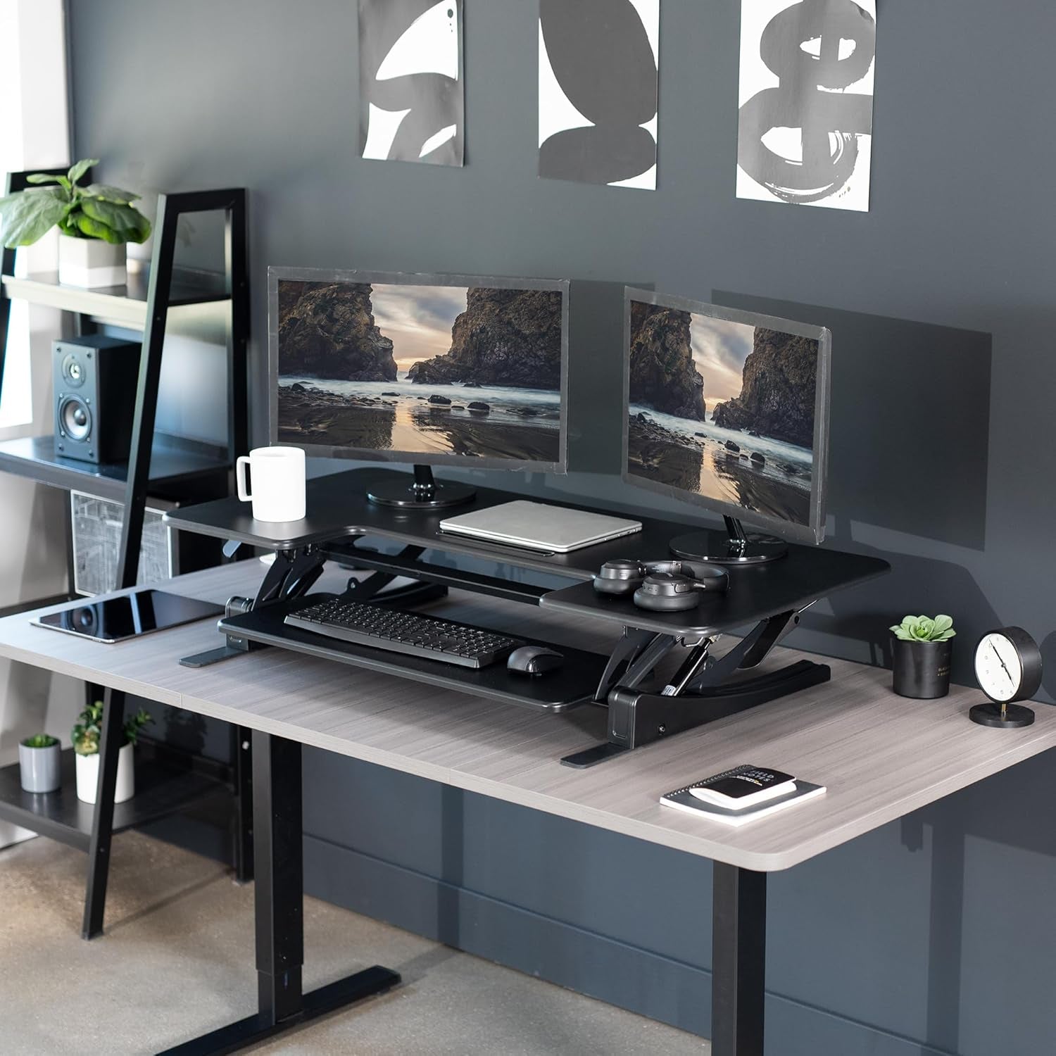 48 Inch Height Adjustable Large Stand up Desk Converter, V Series, Quick Sit to Stand Tabletop Dual Monitor Riser Workstation, Black, DESK-V048V