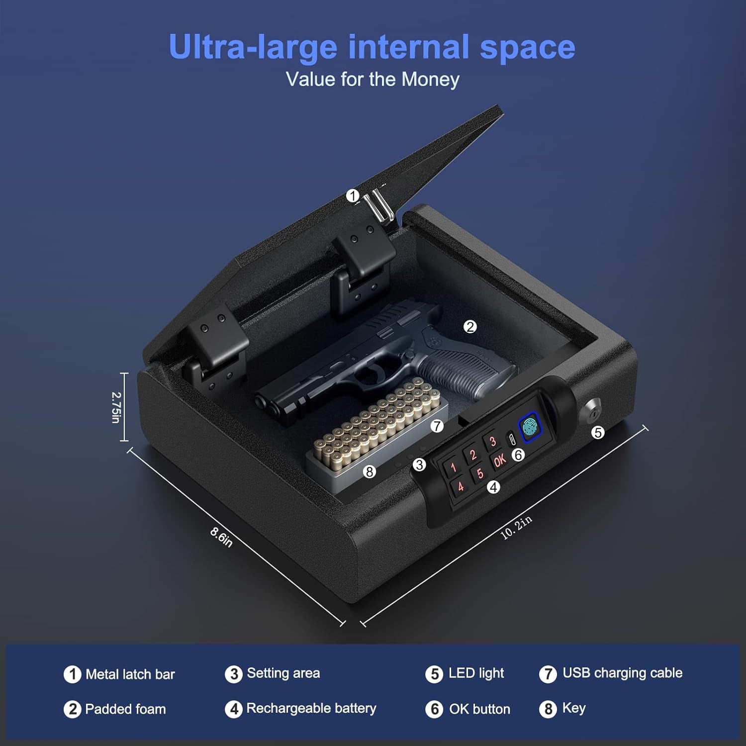 Biometric Gun Safe for Pistols 3-Ways Unlock Fingerprint Digital PIN Key Unlock Handgun Safe with Sound, Lock Box for Cloakroom Living Room Bedroom Nightstand and Car