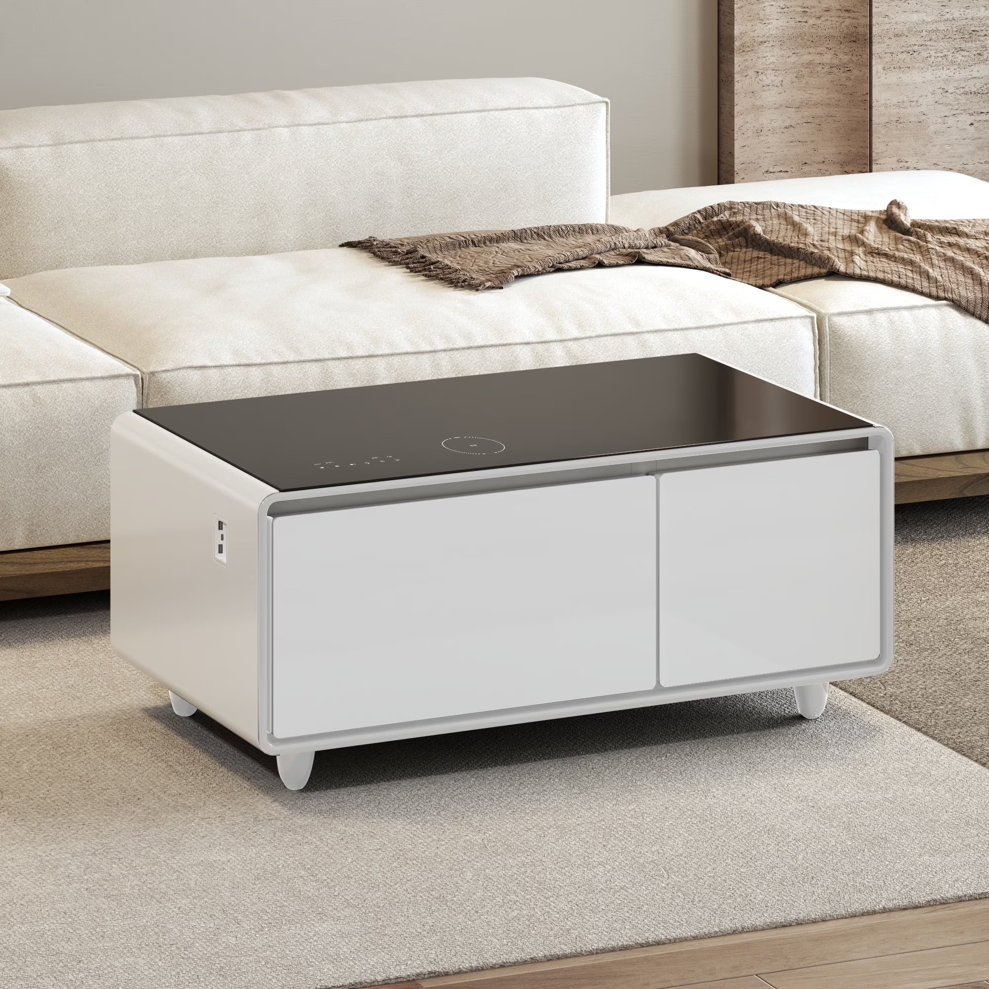 41" Smart Fridge Coffee Table, 93L Refrigerator, Bluetooth, Touch Control Panel, 15W Wireless Charger, USB Ports, Speaker, Atmosphere Light, for Living Rooms, Offices, Conference Rooms– White