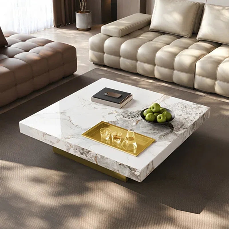 Oversized Modern Marble Coffee Table, 47.2'' Square with Fixed Tray & Glossy Base – Luxury Centerpiece for Living Room