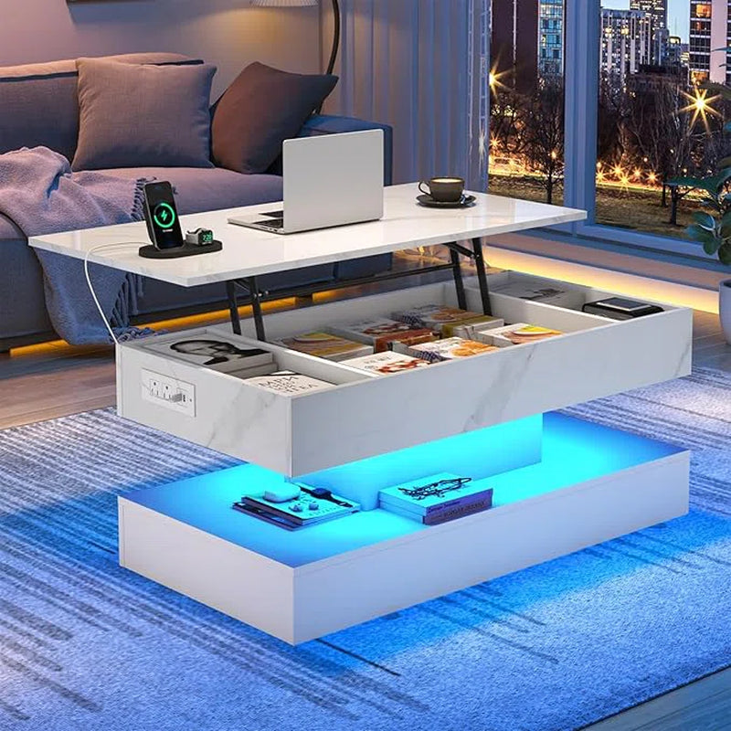 Large Lift Top Led Modern High Glossy Coffee Table with Charging Station