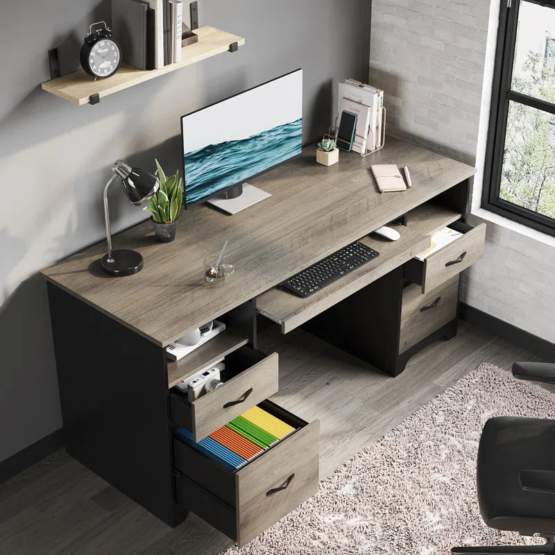 Luing 59'' Executive Desk with 2 File and Storage Drawers, Computer Desk with Keyboard Tray and 2 Open Compartments