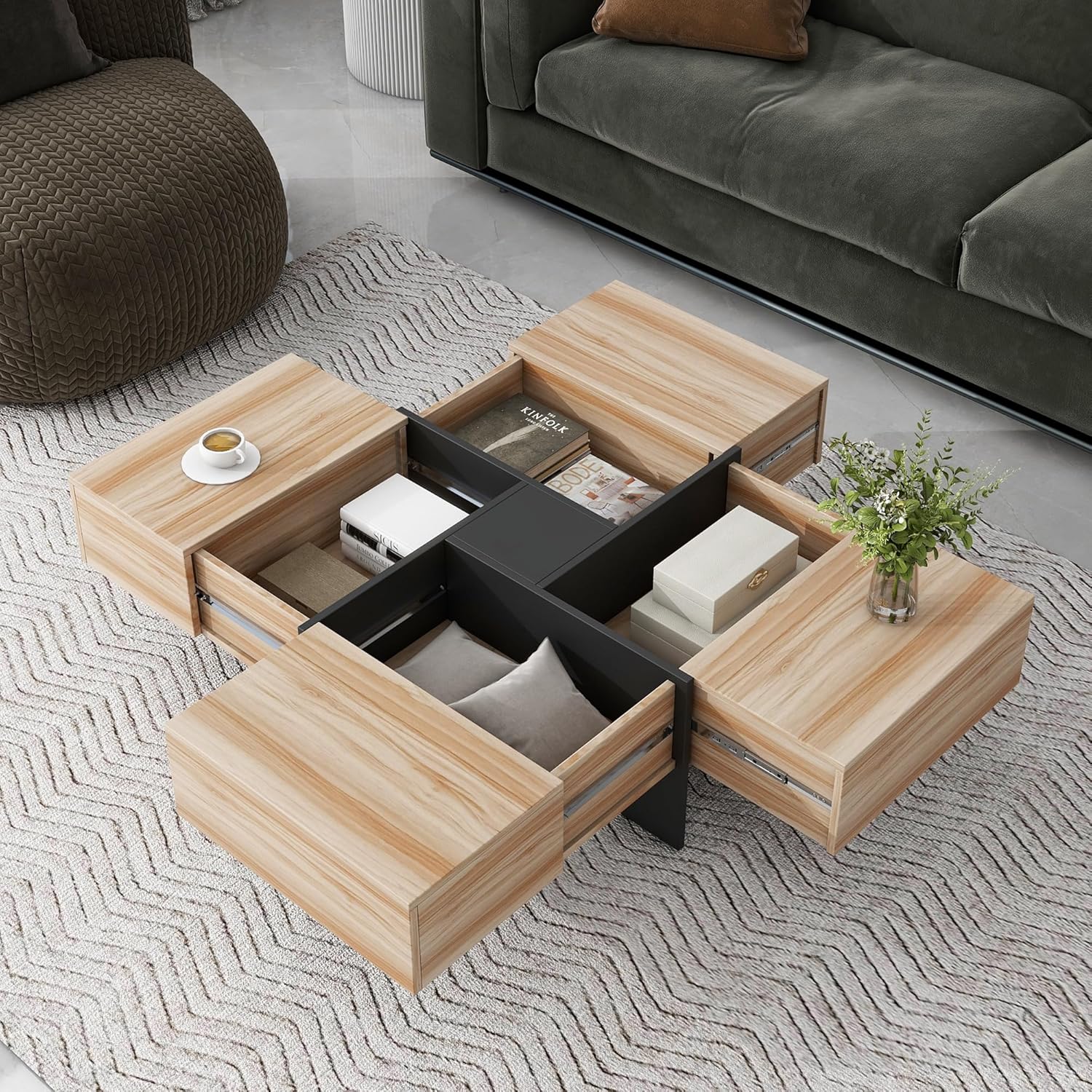 Modern High-Gloss Coffee Table with 4 Hidden Storage Compartments | Sleek Living Room Centerpiece with Functional Storage Solutions