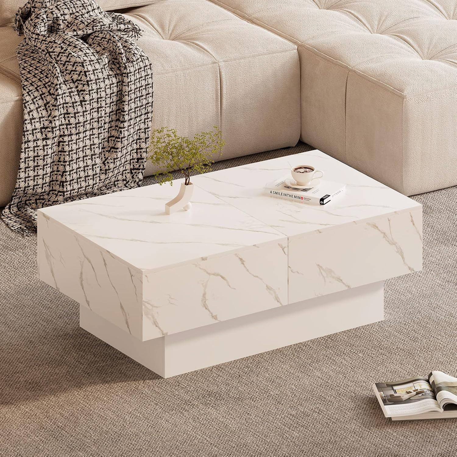 White Marble Coffee Table with Large Storage | Modern Farmhouse Center Table | Elegant Nesting Design for Living Room, Dining, and Reception | Mesas De Centro Para Salas Modernas