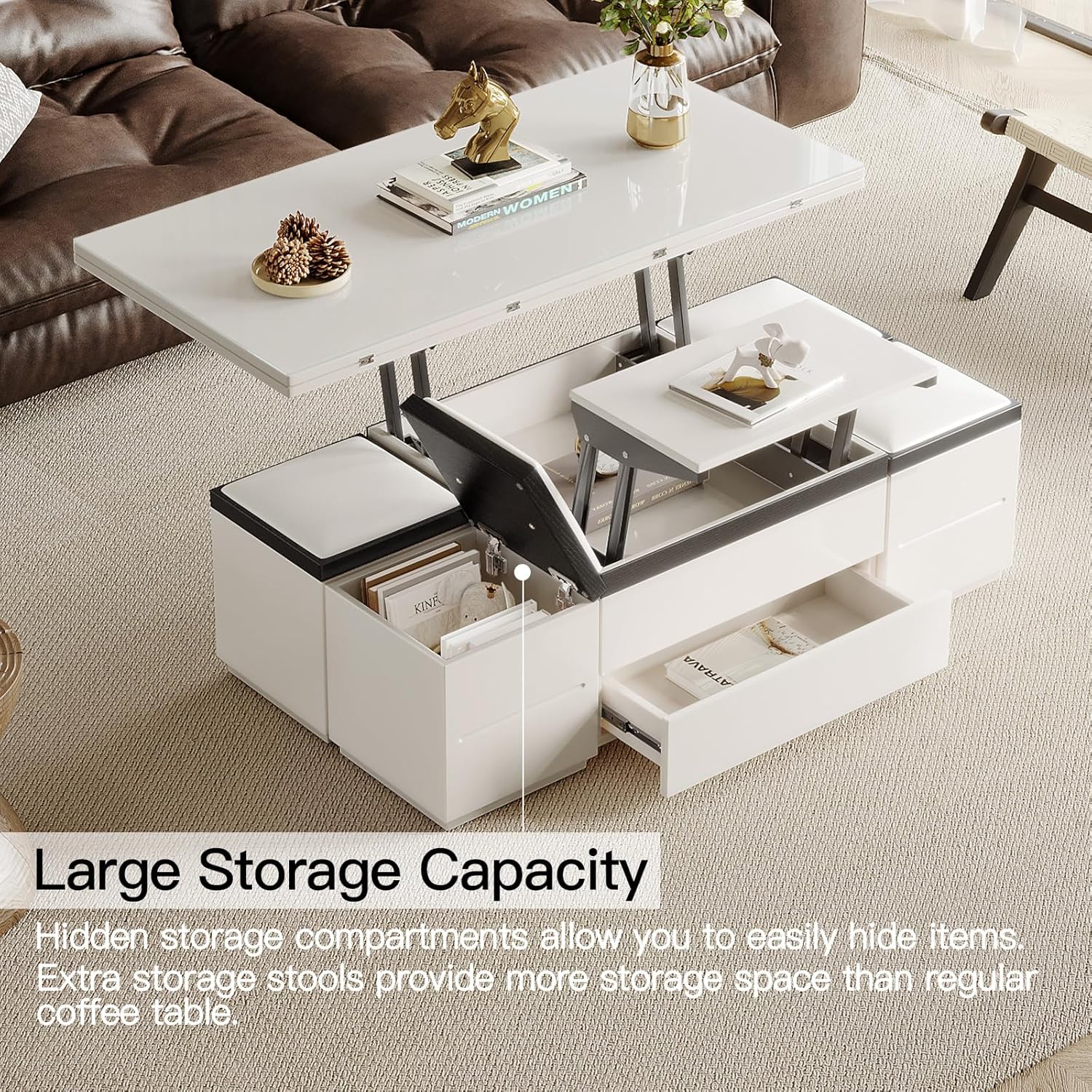 Extendable Folding Coffee Table with Hidden Storage | Modern Multifunctional Design for Living Room | Space-Saving, Convertible, Adjustable Height