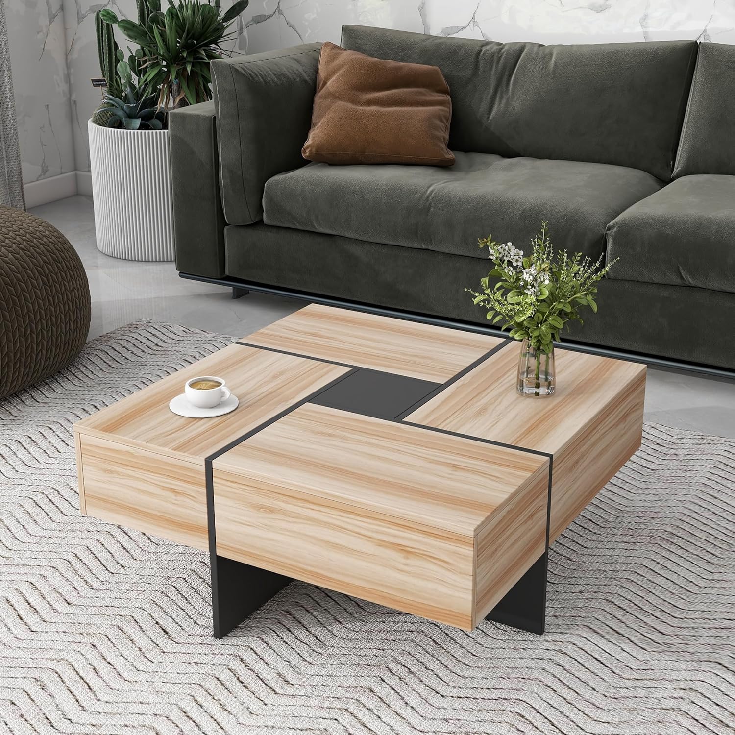 Modern High-Gloss Coffee Table with 4 Hidden Storage Compartments | Sleek Living Room Centerpiece with Functional Storage Solutions