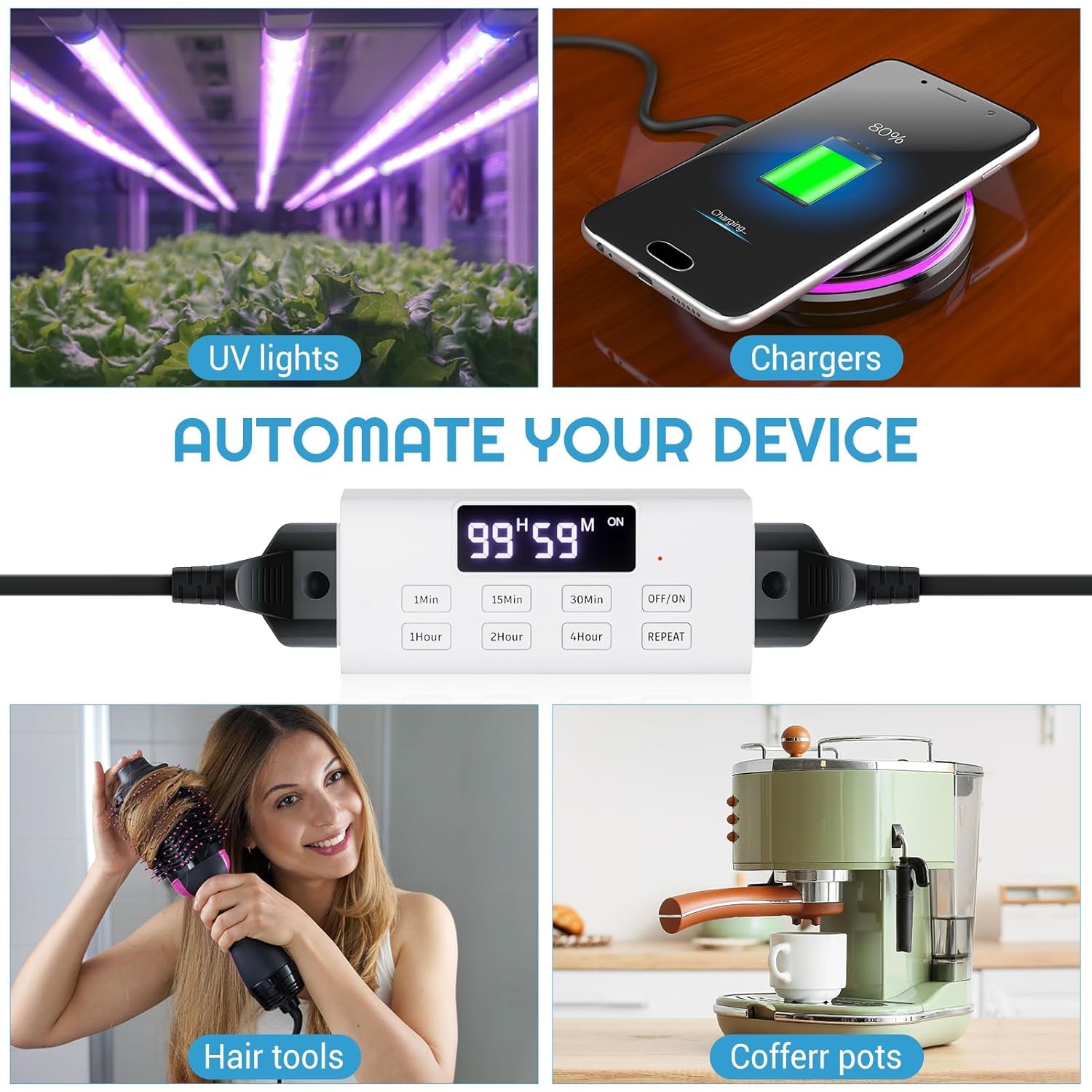 Countdown Timer Outlet, up to 99 Hours, Large Screen and Repeat Function, Inodoor Auto Shut off Timers for Charger Light Vacation Security,Digital Timers for Electrical Outlets 2 Pack
