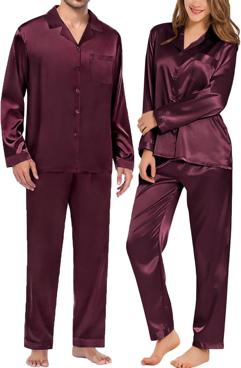 Couples Pajamas Womens &Mens Matching Pajamas Set Silk Satin Pj Set Long Sleeve Button down Sleepwear 2 Pcs Loungewear