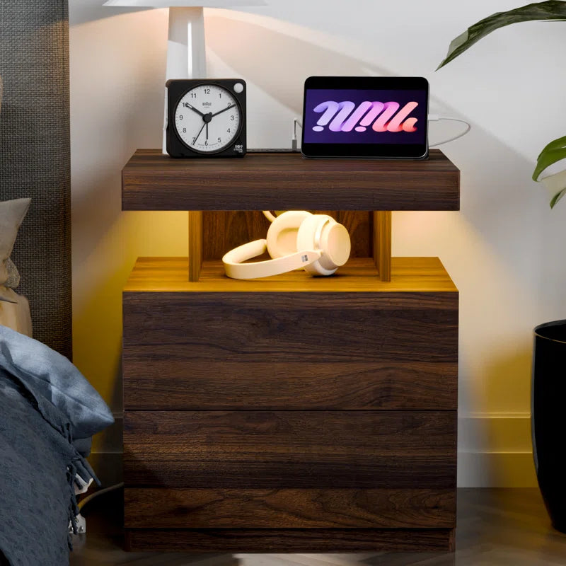 Modern Smart Nightstand with Wireless Charging, LED Lighting & Dual Storage Drawers – Perfect for Tech-Savvy Home Decor Enthusiasts