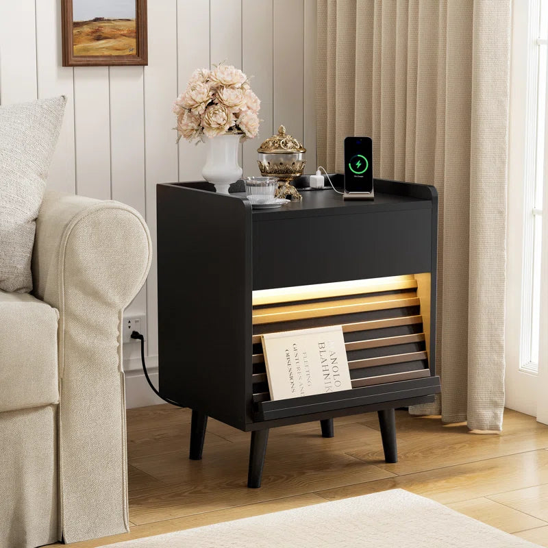 Modern Nightstand with 2 Drawers,Bedside Table with Outlets & LED Lights, File Cabinet with Slanted & Wavy Design