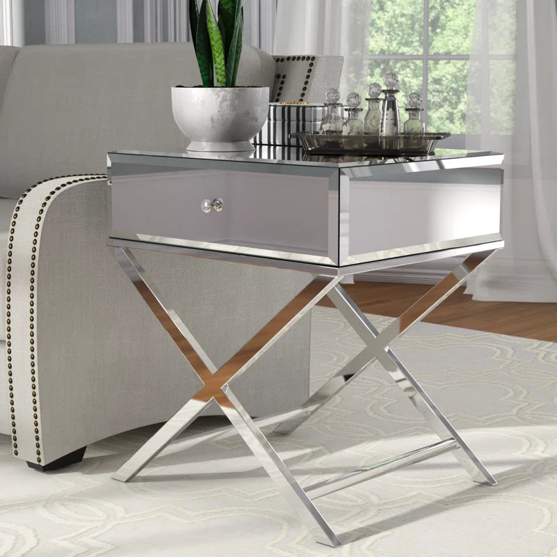 Nyasha Mirrored Glass Top End Table with Storage