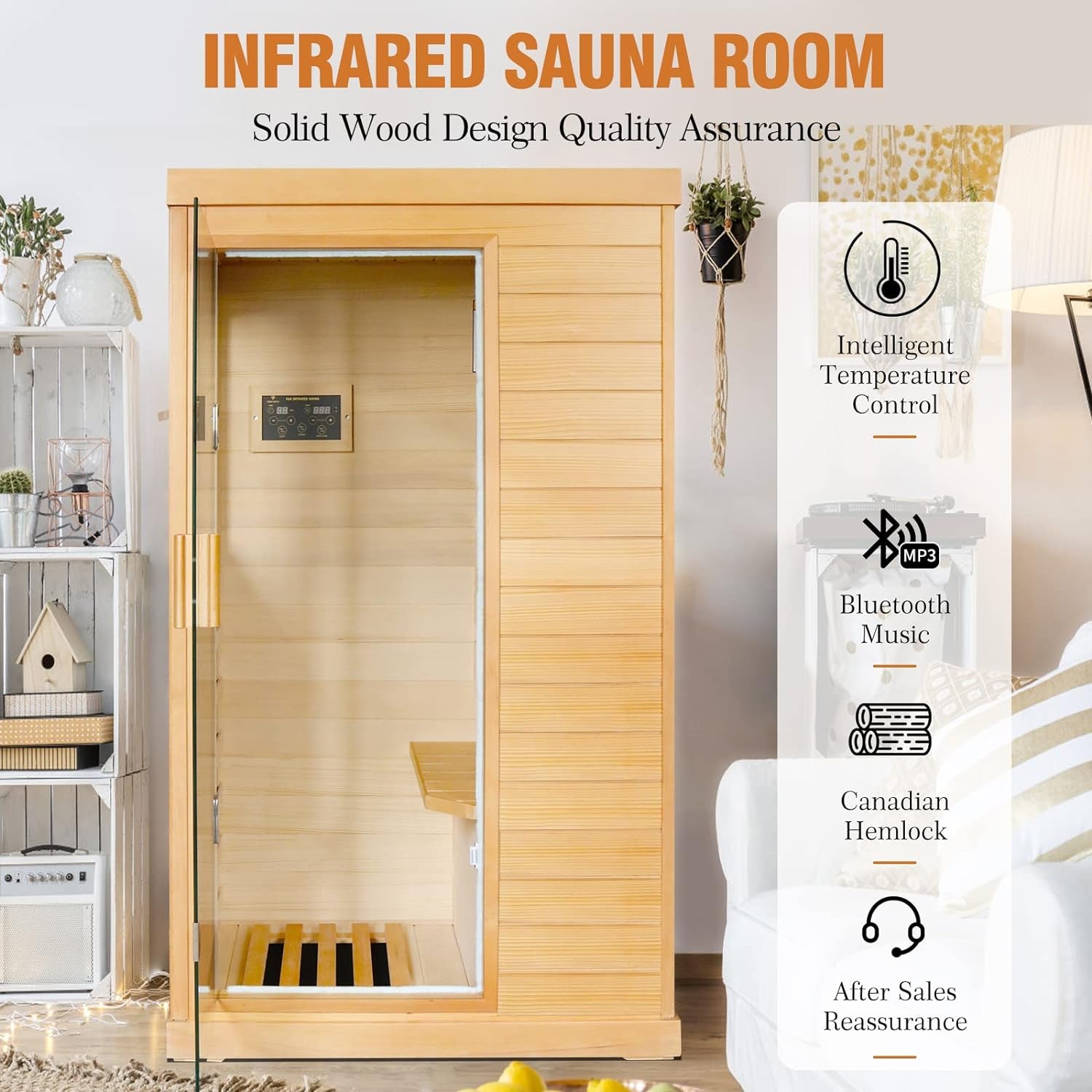 Far Infrared Sauna Home Sauna Spa Room Canadian Hemlock Wood 800W Indoor Saunas with Control Panel and Tempered Glass Door, Room:35.2 * 27.6 * 61.6Inch