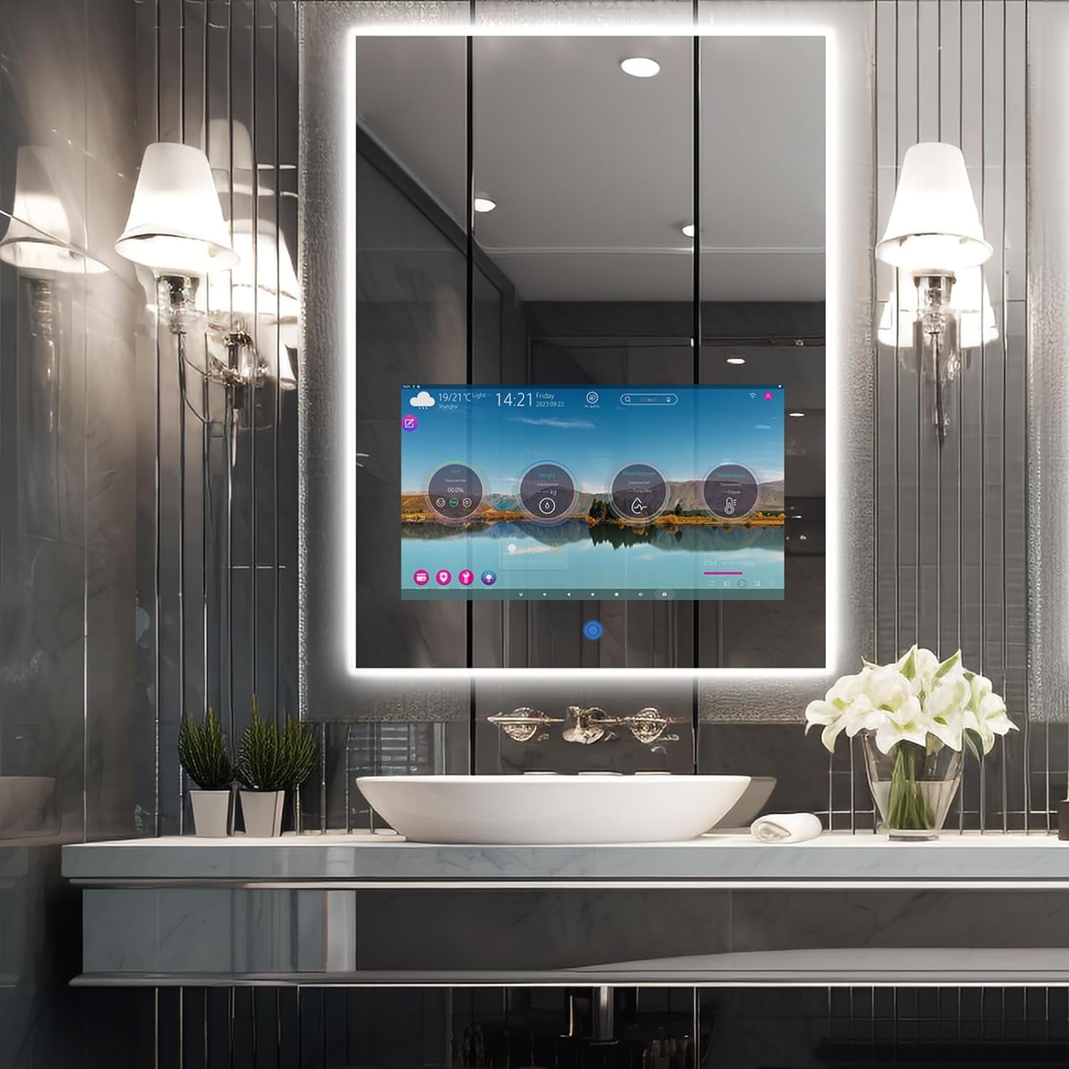 Bathroom Vanity Mirror with 21.5" Full Touch Screen Smart Android 11 TV, 24X32 Inch LED Smart Mirror, Streaming Media Player/Music/Bluetooth Wi-Fi /3 Colors Lights Vertical Wall Mounted