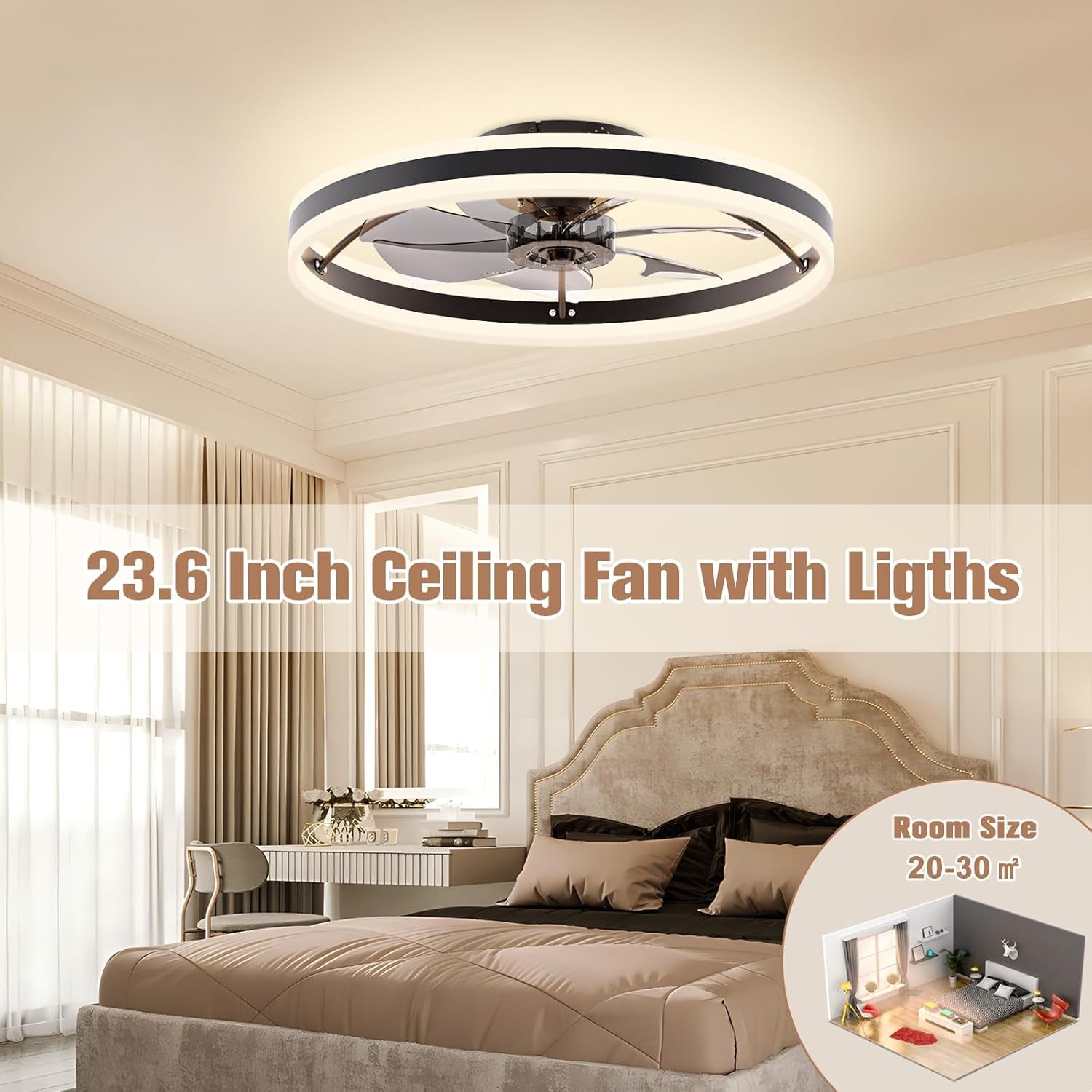 Low Profile Ceiling Fans with Lights and Remote, 23.6In Fandelier Ceiling Fan Flush Mount, 3000K-6500K Smart Bladeless LED Fan Light, Black Modern Ceiling Fans with Lights for Bedroom