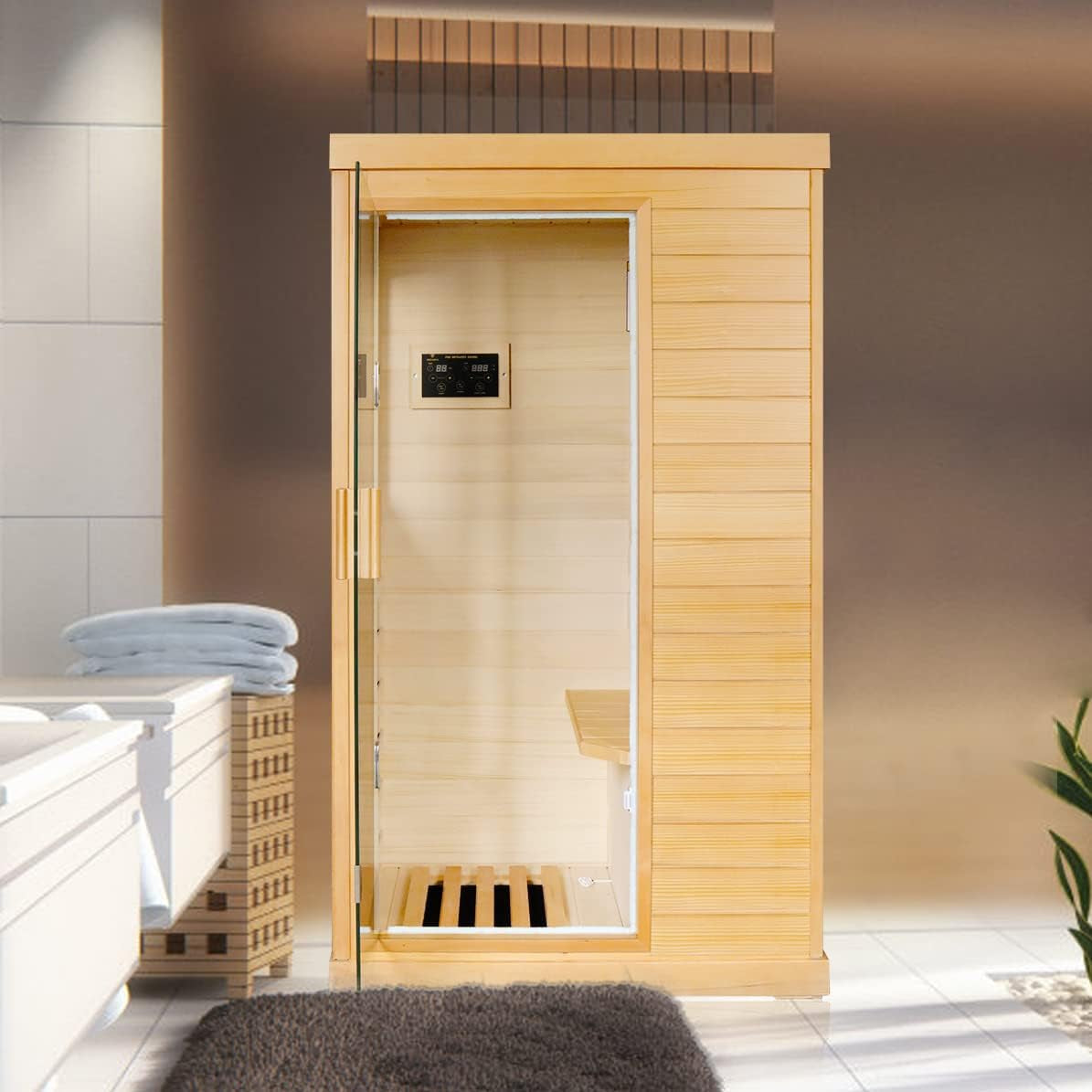 Far Infrared Sauna Home Sauna Spa Room Canadian Hemlock Wood 800W Indoor Saunas with Control Panel and Tempered Glass Door, Room:35.2 * 27.6 * 61.6Inch