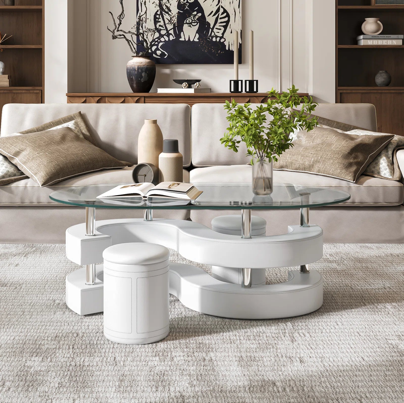 3-Piece Coffee Table Set | Elegant Oval Tempered Glass Table with 2 Leather Stools | Stylish, Space-Saving Design for Modern Living Rooms