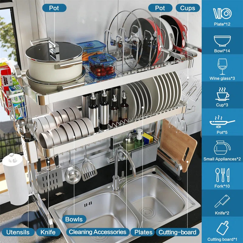 ASA Adjustable Stainless Steel Dish Rack | Space-Saving, Expandable Design with Utensil Holder | Rust-Resistant & Durable for Modern Kitchens