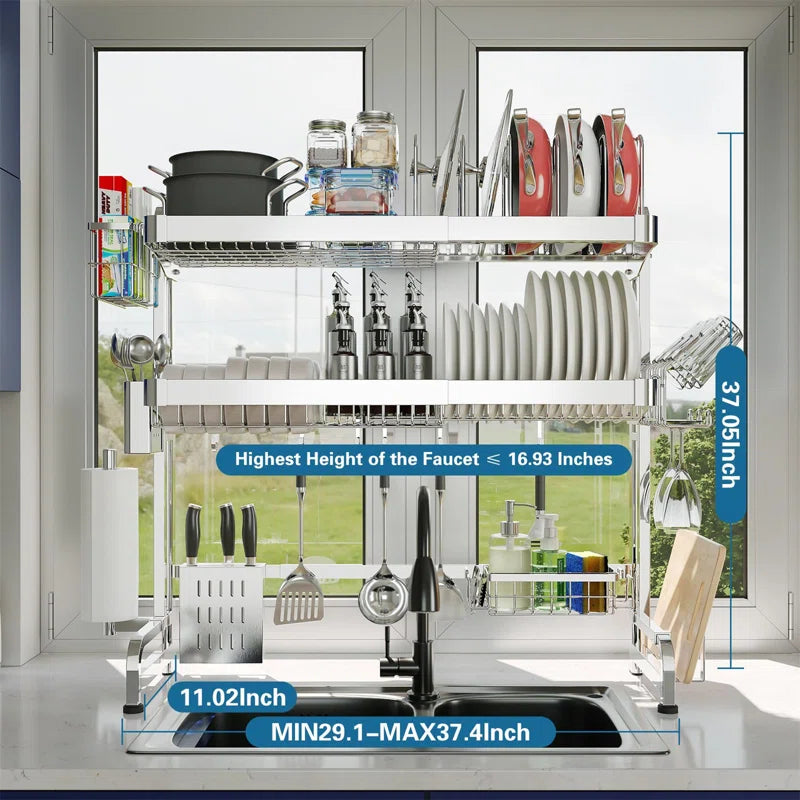 ASA Adjustable Stainless Steel Dish Rack | Space-Saving, Expandable Design with Utensil Holder | Rust-Resistant & Durable for Modern Kitchens