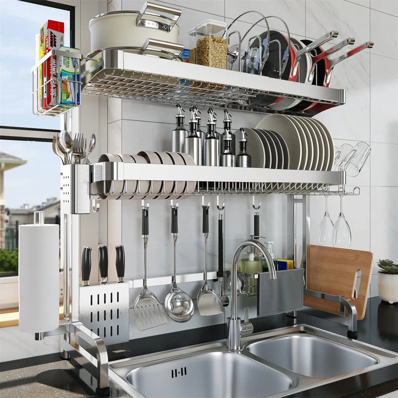 ASA Adjustable Stainless Steel Dish Rack | Space-Saving, Expandable Design with Utensil Holder | Rust-Resistant & Durable for Modern Kitchens