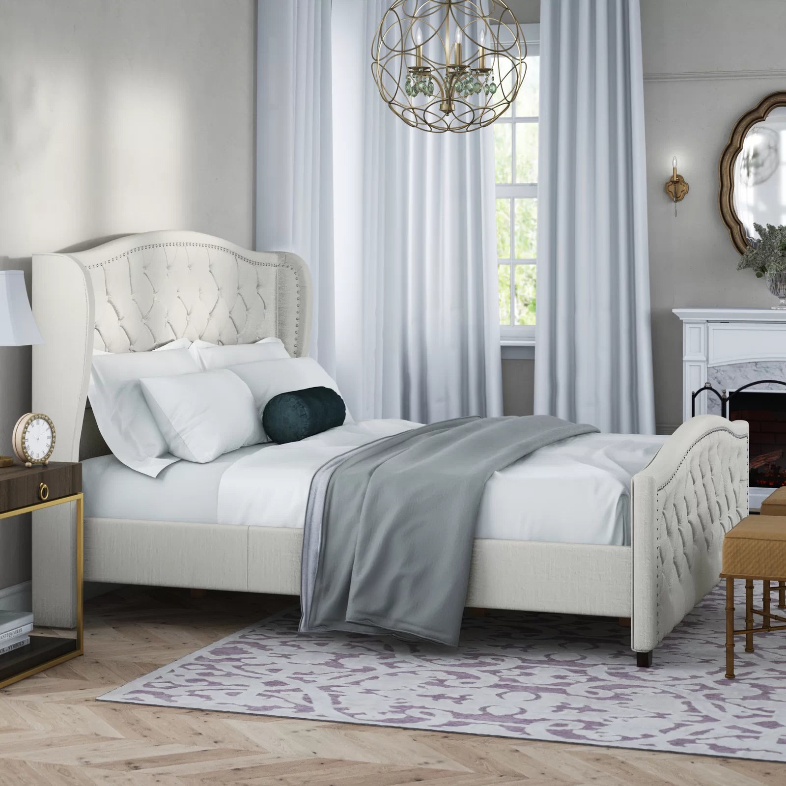 Manor Coleman Upholstered Wingback Bed | Elegant Tufted Headboard, Luxurious Linen Fabric, and Timeless Design for a Cozy Bedroom Retreat