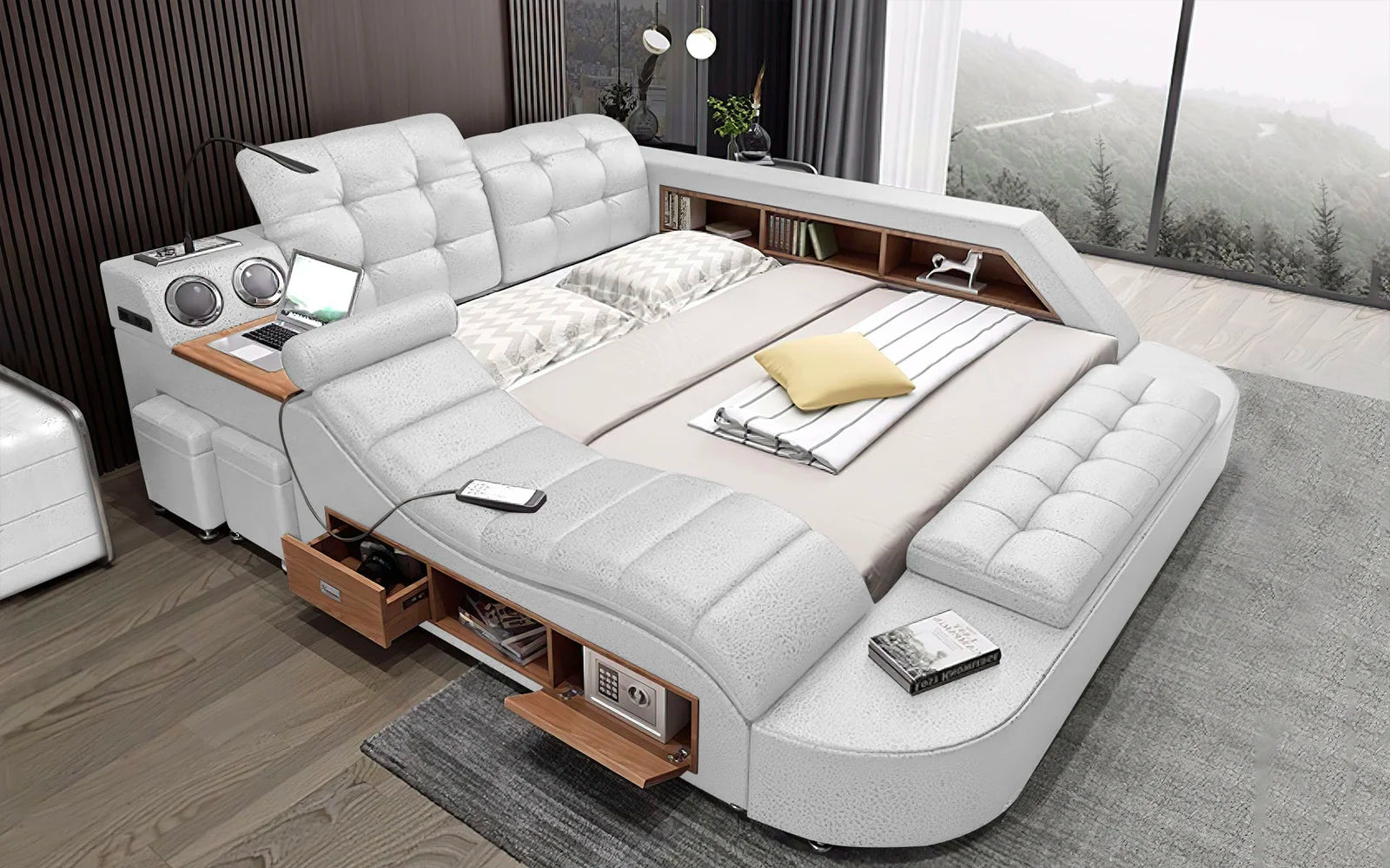 Smart Tech Ultimate Italian Leather Bed - Luxurious Smart Bed with Tufted Headboard, Built-in Speakers, USB Ports & Storage - Modern Low-Profile Design