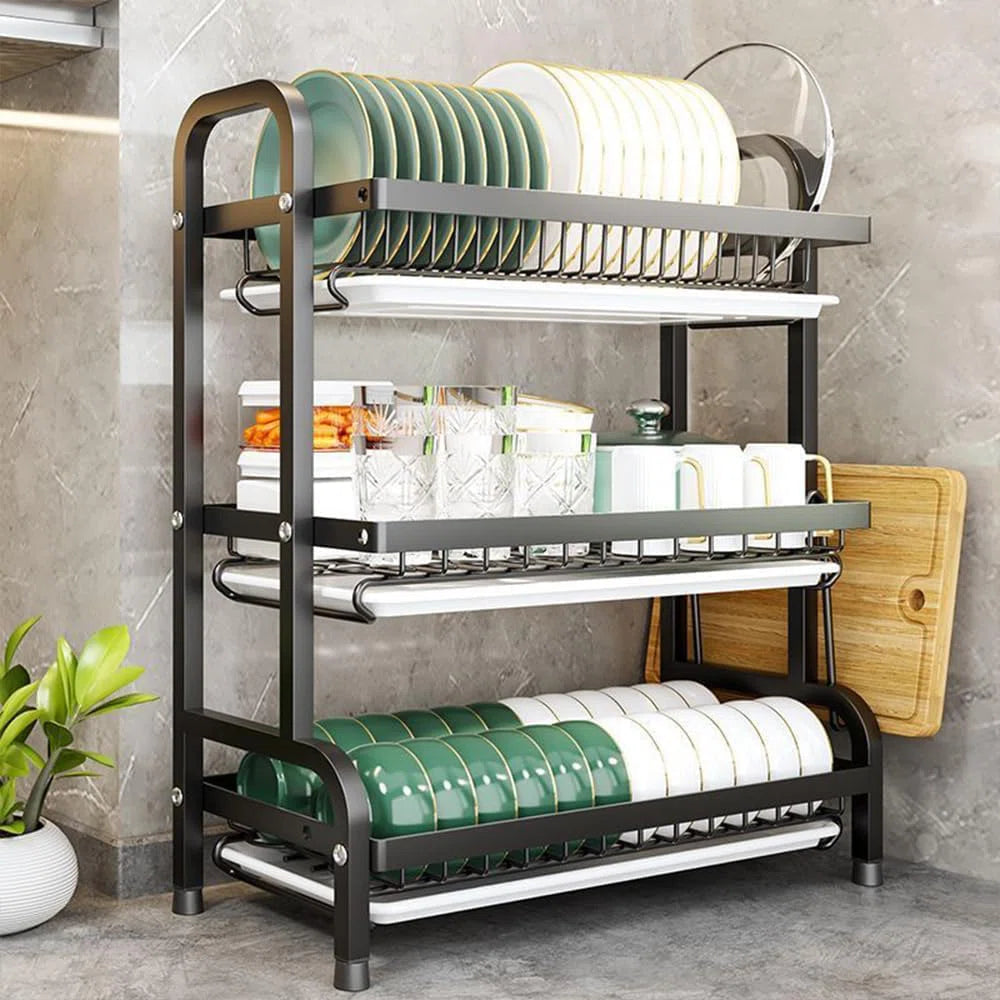3-Tier XL Metal Dish Drying Rack (20.9” Wide) — Space-Saving Countertop Organizer with Removable Trays, Rust-Resistant Black Steel